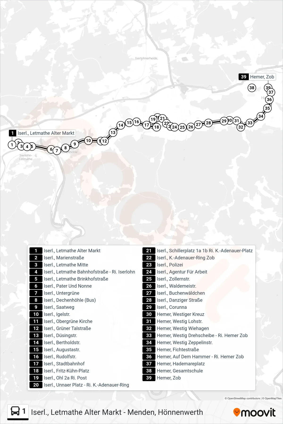 Linie 1 (Bus) Richtung Hemer, Zob - Steig 1a: Route und Haltestellen auf der Karte