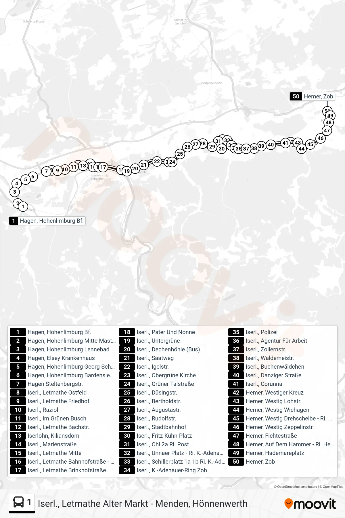 Linie 1 (Bus) Richtung Hemer, Zob - Steig 3b: Route und Haltestellen auf der Karte