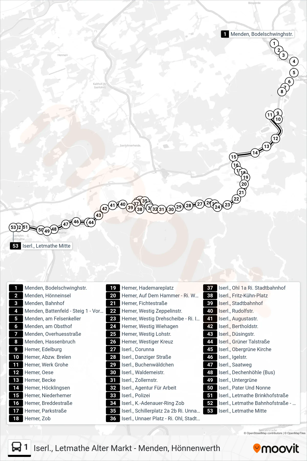 Linie 1 (Bus) Richtung Iserl., Letmathe Mitte: Route und Haltestellen auf der Karte