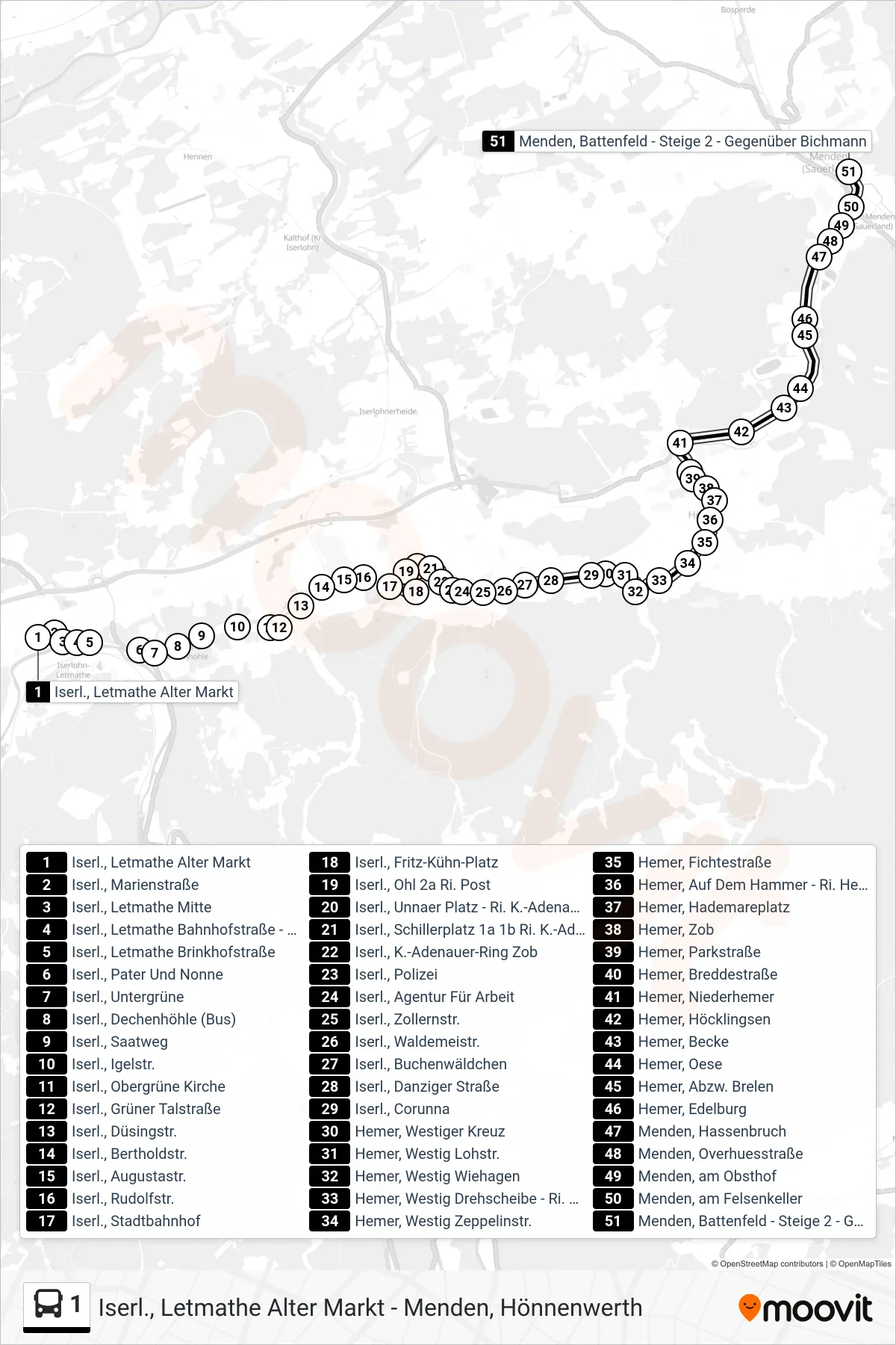 1 bus Line (Menden, Battenfeld - Steige 2 - Gegenüber Bichmann) route and stops on a map