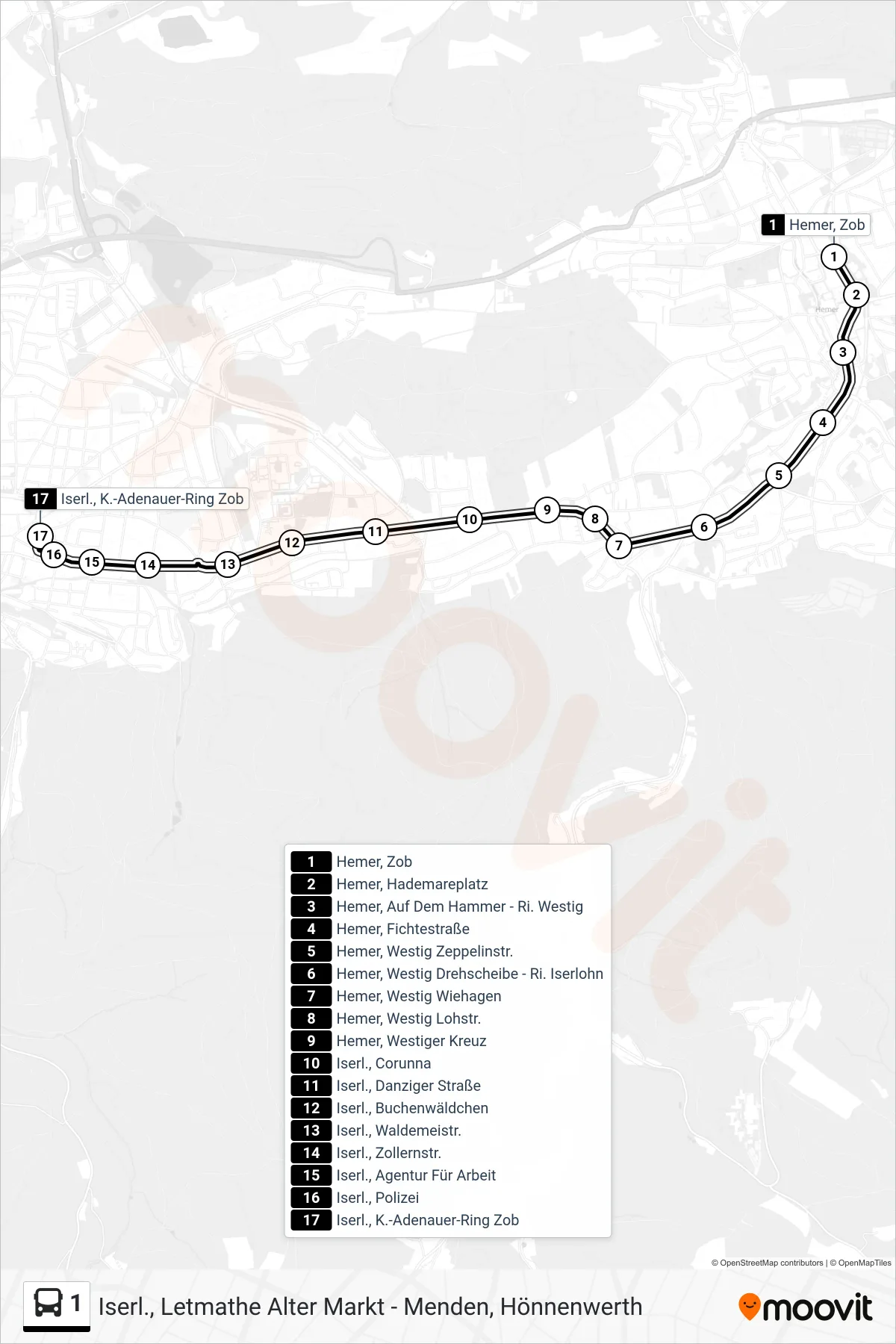 Linie 1 (Bus) Richtung Iserl., K.-Adenauer-Ring Zob 2 - Ri. Unnaer Platz: Route und Haltestellen auf der Karte