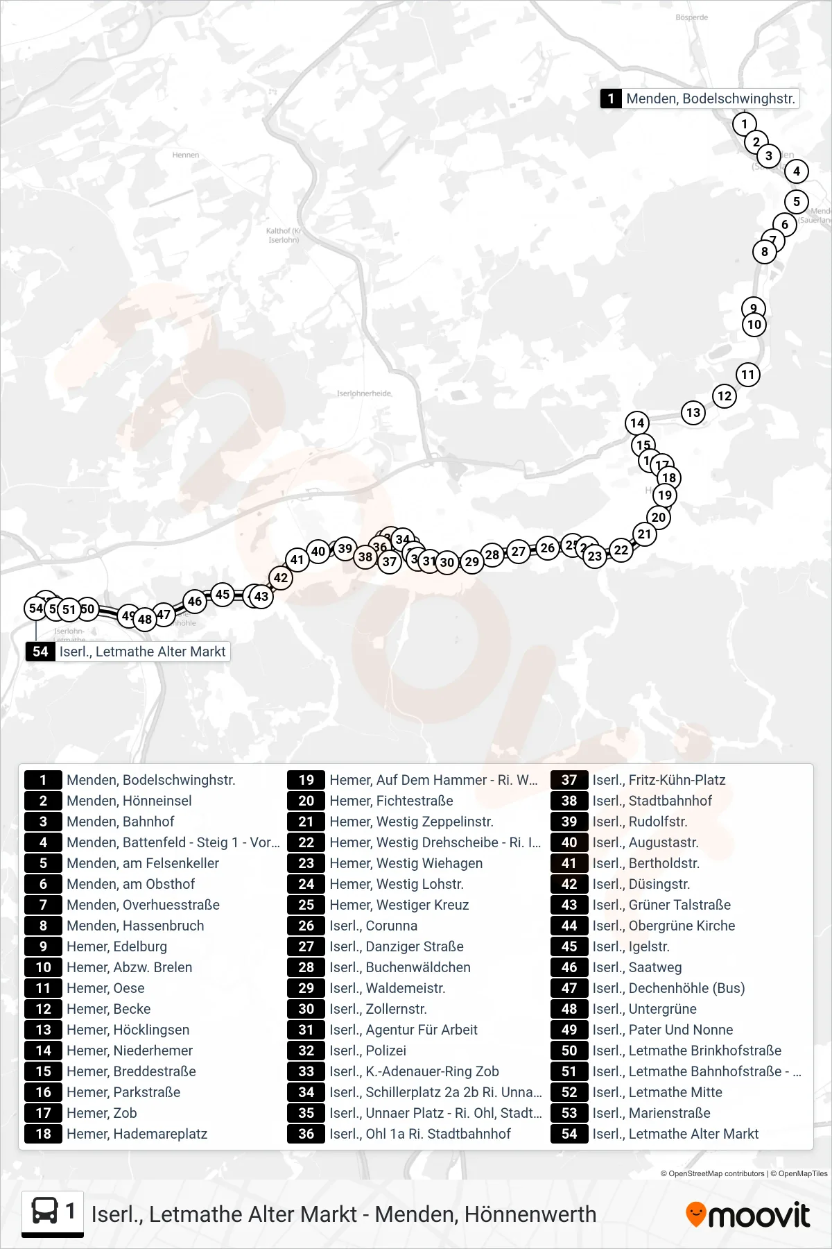 Linie 1 (Bus) Richtung Iserl., Letmathe Alter Markt: Route und Haltestellen auf der Karte