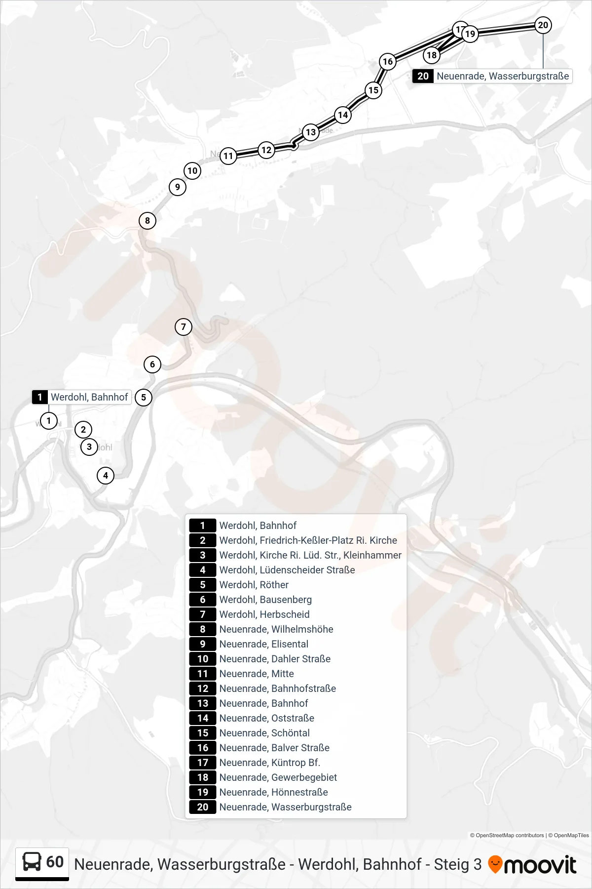 Linie 60 (Bus) Richtung Neuenrade, Wasserburgstraße: Route und Haltestellen auf der Karte
