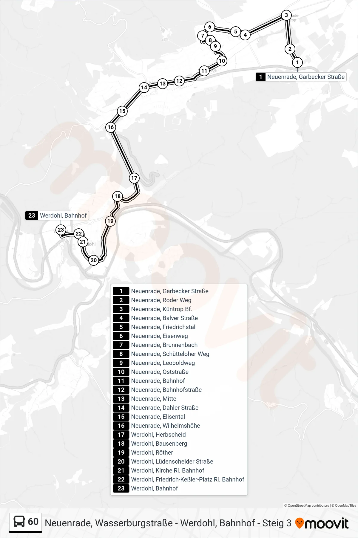 60 bus Line (Werdohl, Bahnhof - Steig 1) route and stops on a map