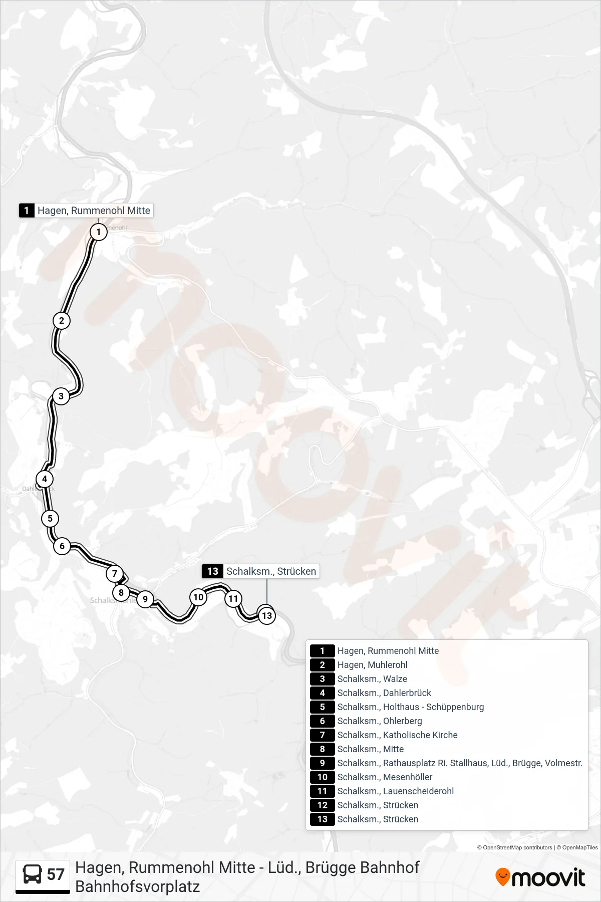 Linie 57 (Bus) Richtung Schalksm., Strücken: Route und Haltestellen auf der Karte