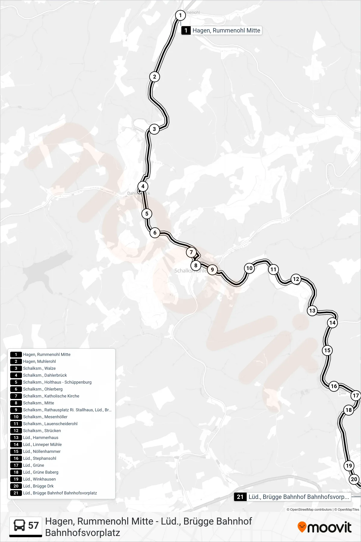 57 bus Line (Lüd., Brügge Bahnhof Bahnhofsvorplatz) route and stops on a map