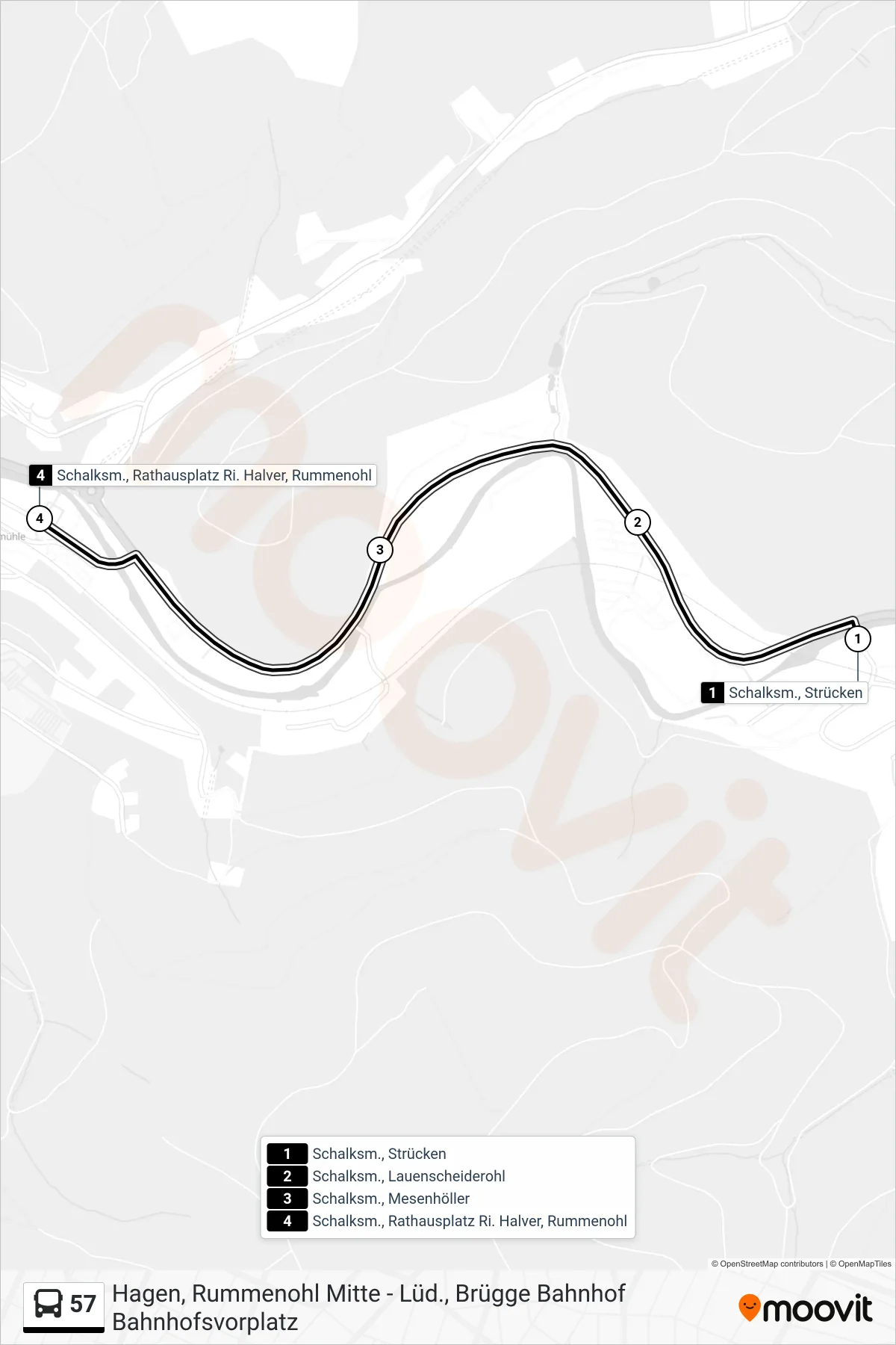 Linie 57 (Bus) Richtung Schalksm., Rathausplatz Ri. Halver, Rummenohl: Route und Haltestellen auf der Karte