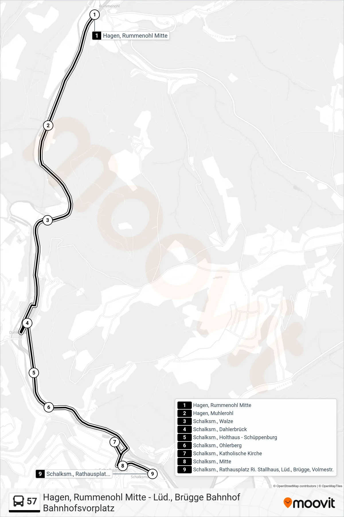 57 bus Line (Schalksm., Rathausplatz Ri. Stallhaus, Lüd., Brügge, Volmestr.) route and stops on a map