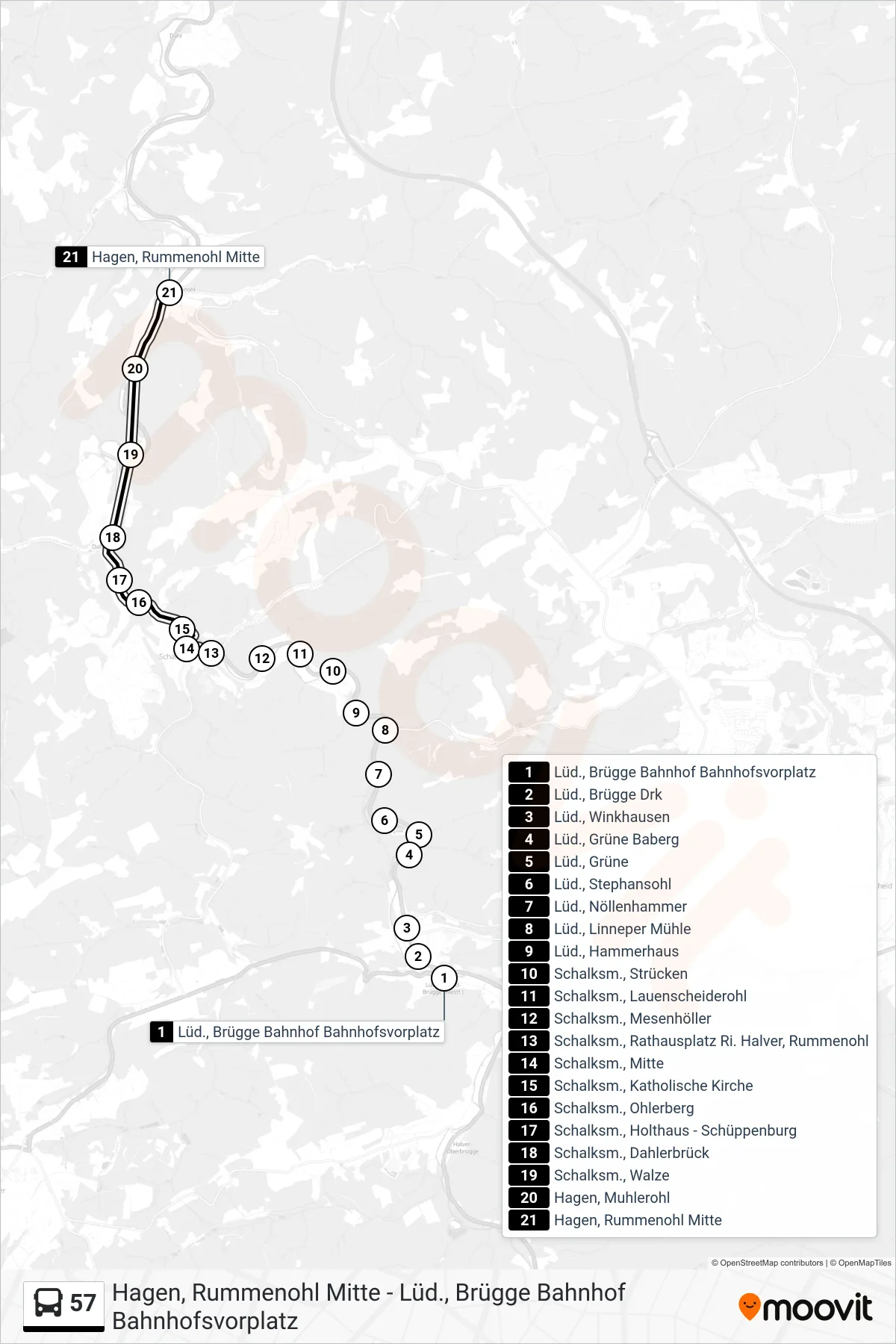 57 bus Line (Hagen, Rummenohl Mitte) route and stops on a map