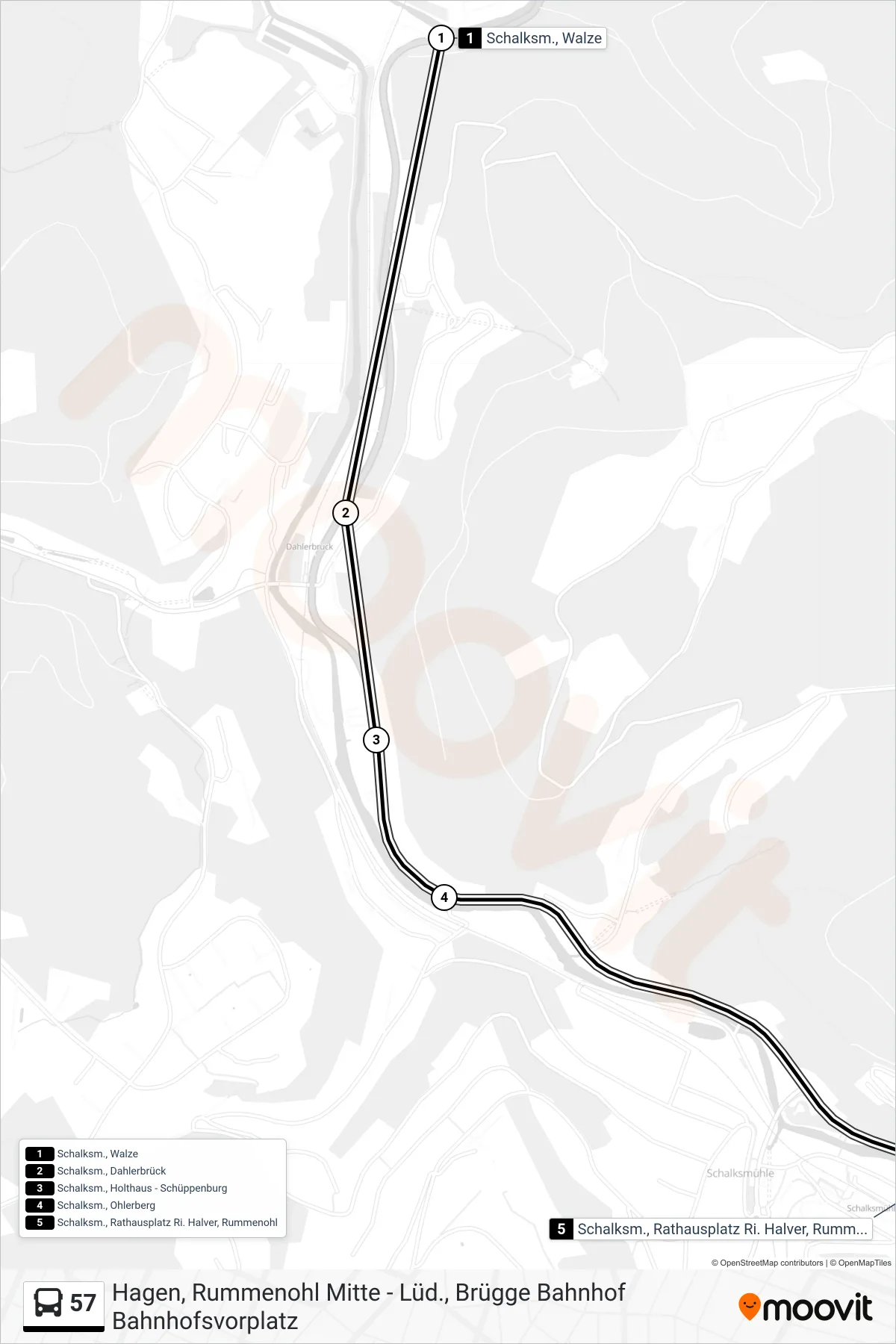 Linie 57 (Bus) Richtung Schalksm., Rathausplatz Ri. Halver, Rummenohl: Route und Haltestellen auf der Karte