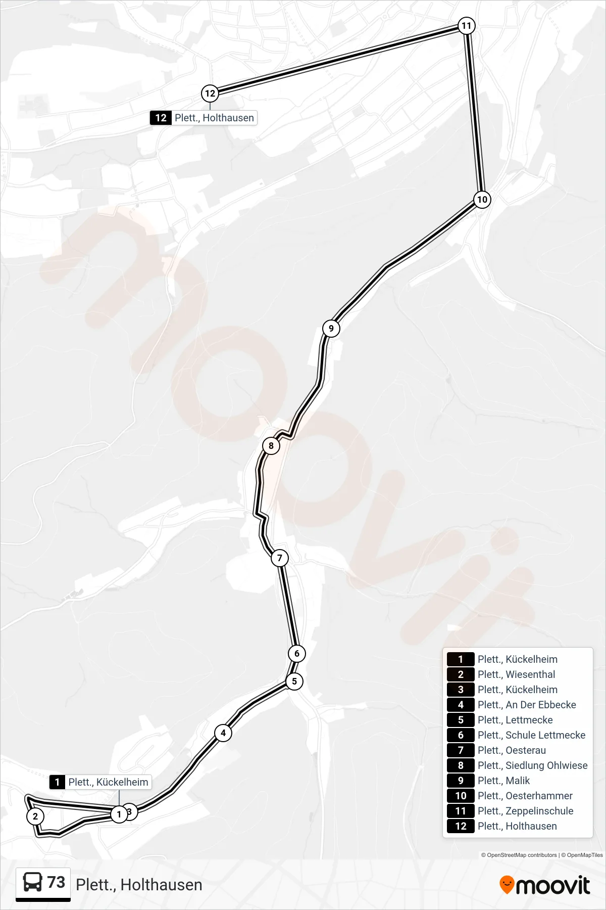 73 bus Line (Plett., Holthausen) route and stops on a map