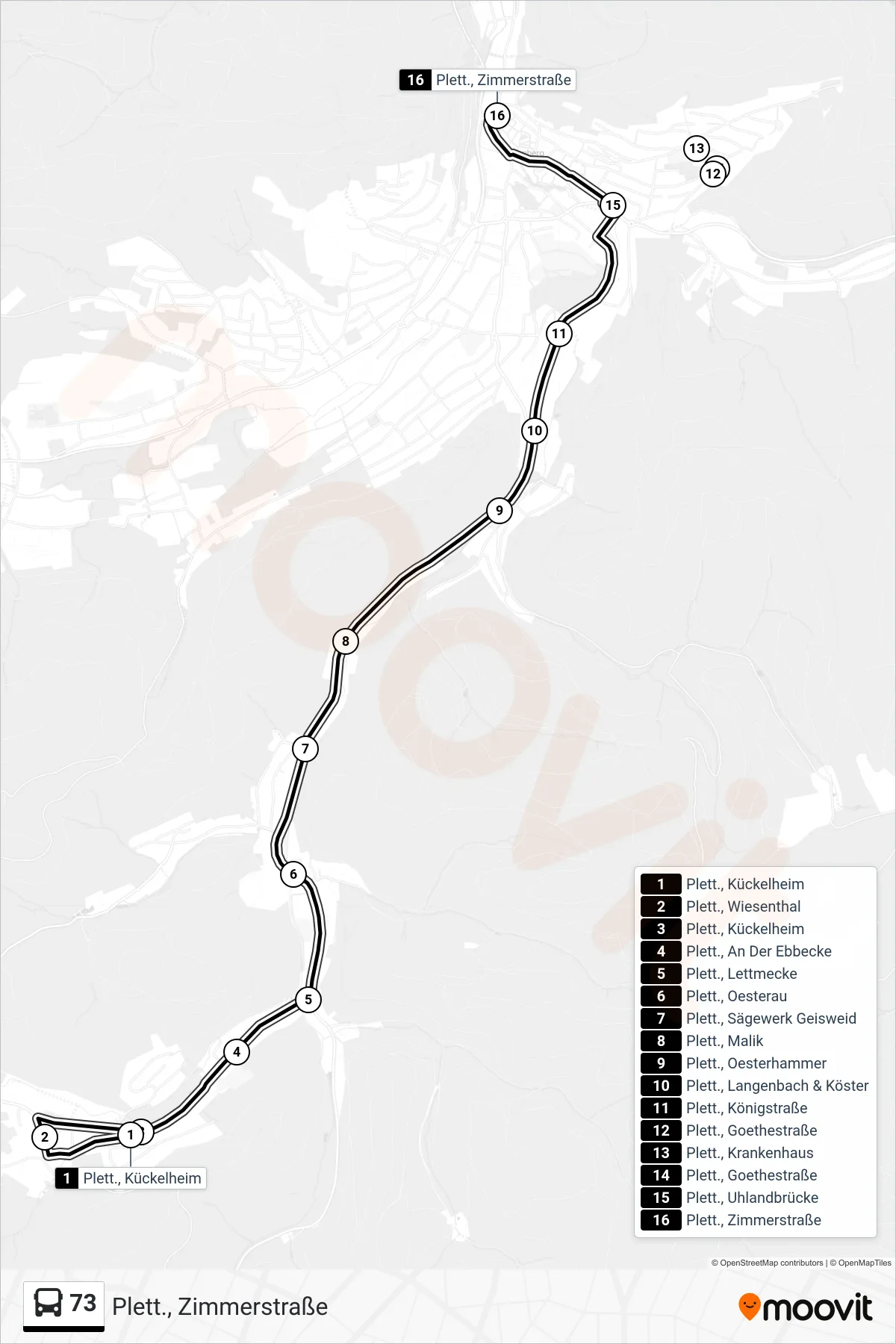 Linie 73 (Bus) Richtung Plett., Zimmerstraße: Route und Haltestellen auf der Karte