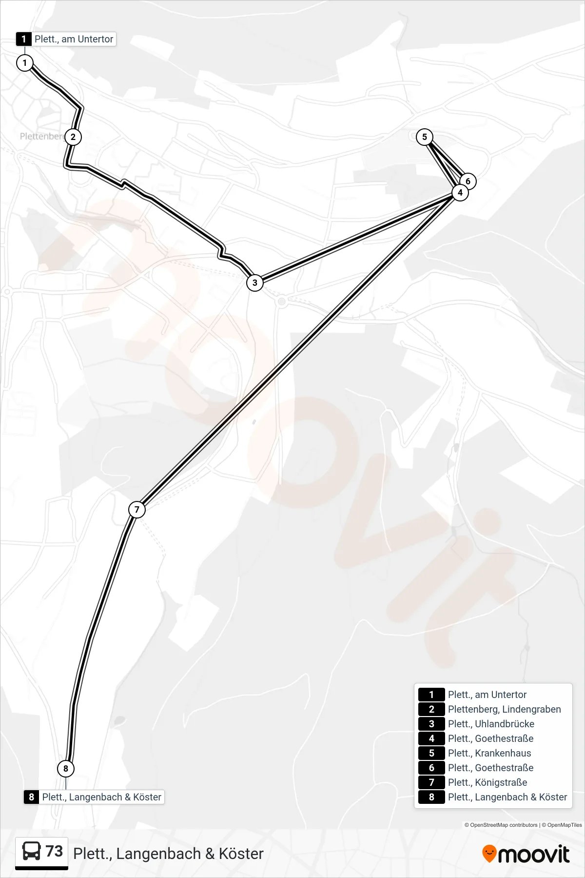 Linie 73 (Bus) Richtung Plett., Langenbach & Köster: Route und Haltestellen auf der Karte