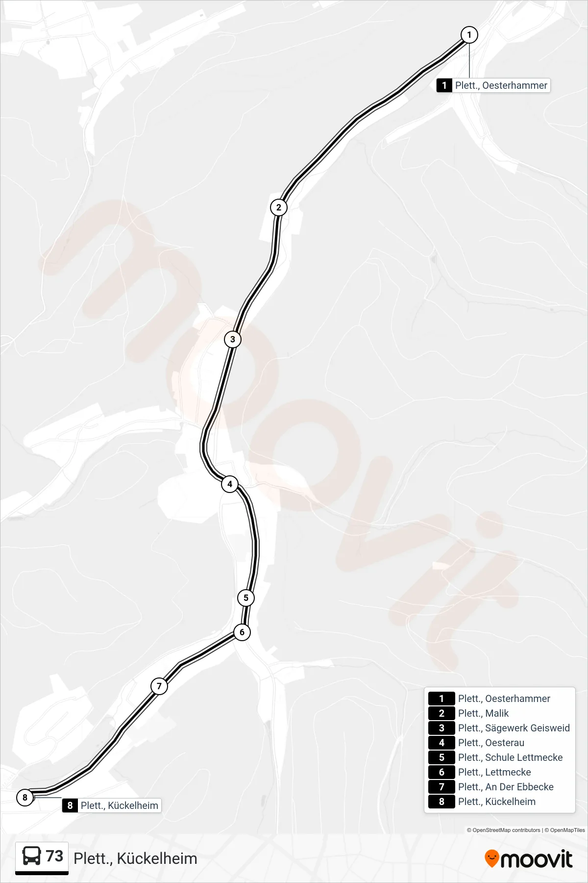 Linie 73 (Bus) Richtung Plett., Kückelheim: Route und Haltestellen auf der Karte