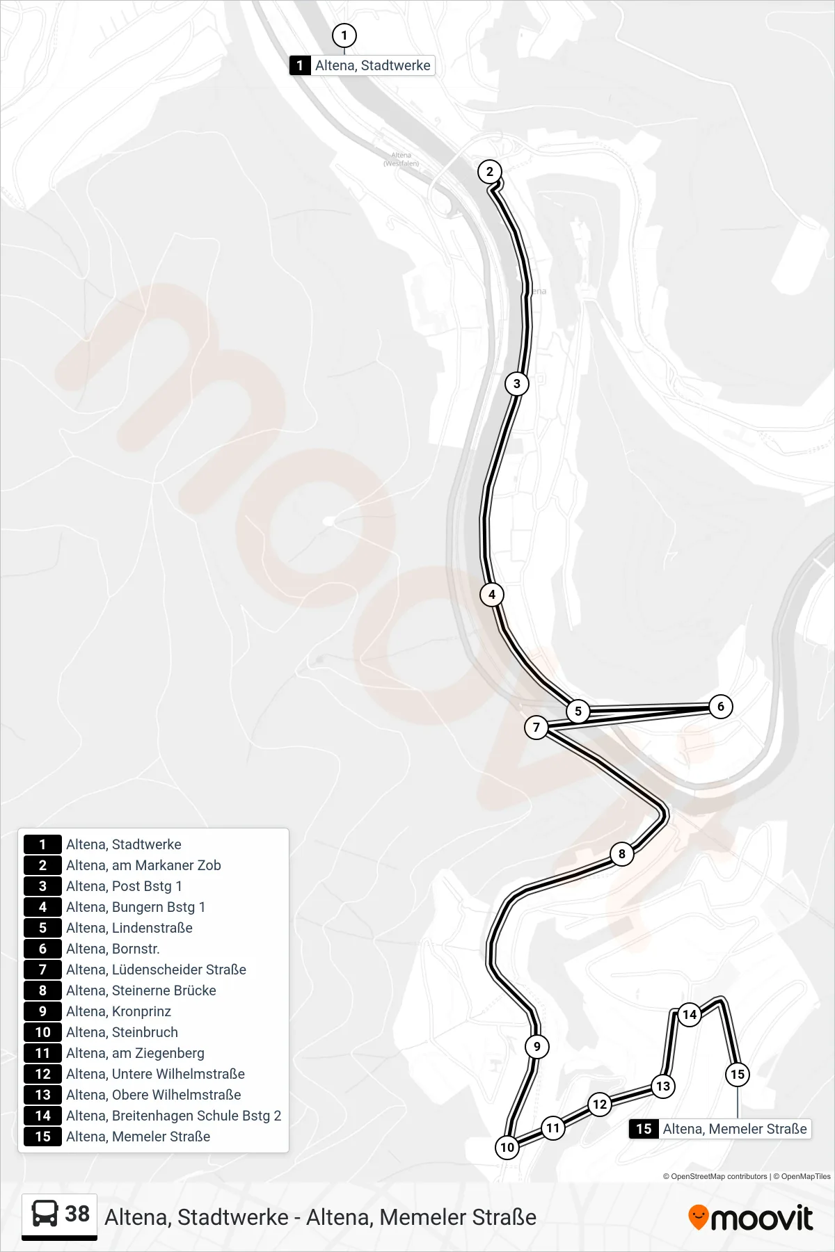 38 bus Line (Altena, Memeler Straße) route and stops on a map