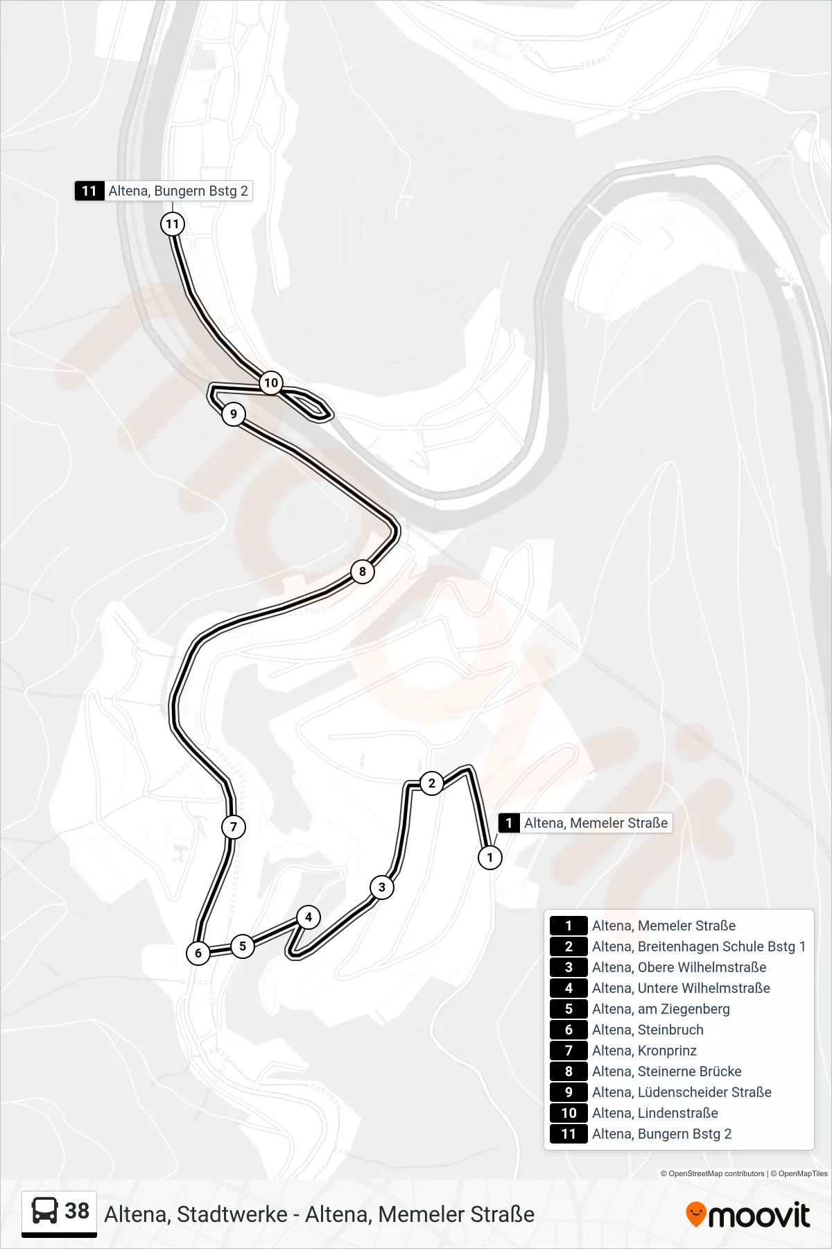 38 bus Line (Altena, Bungern Bstg 2) route and stops on a map