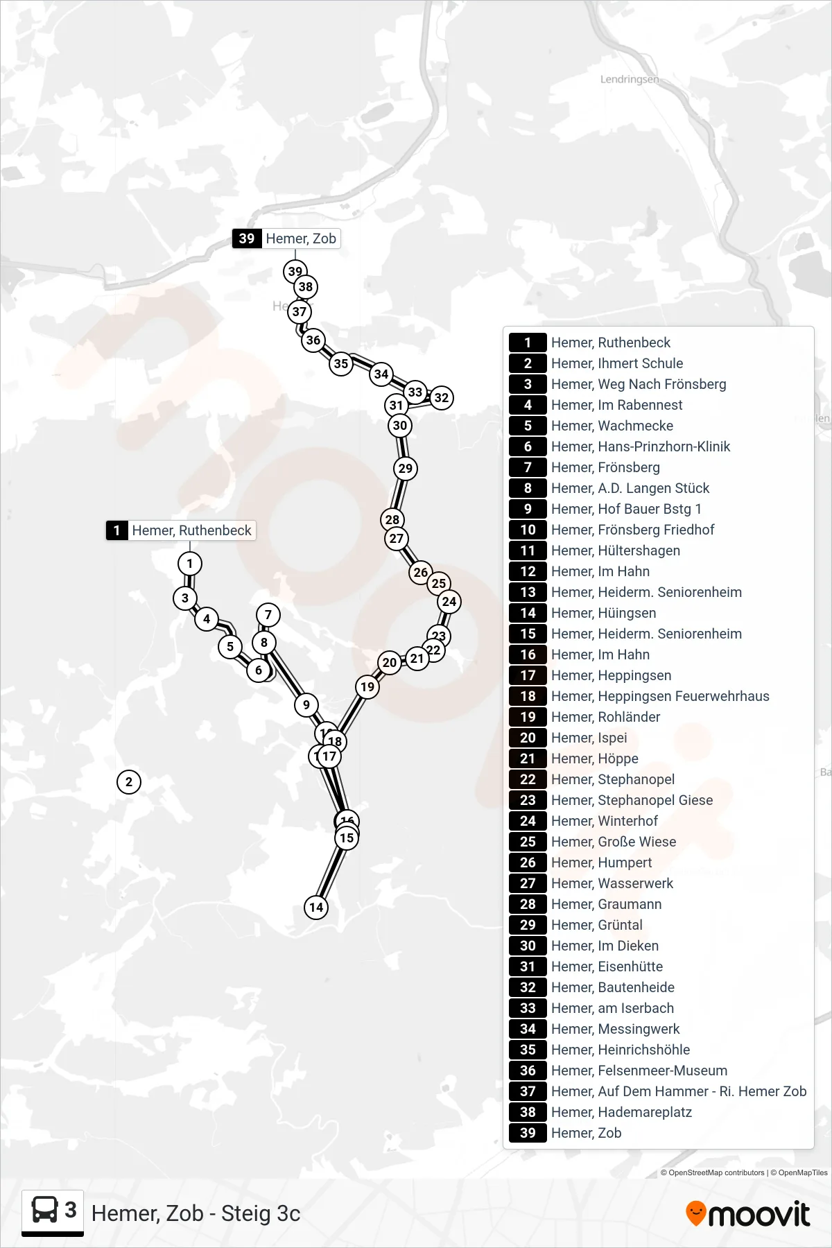 3 bus Line (Hemer, Zob - Steig 3c) route and stops on a map