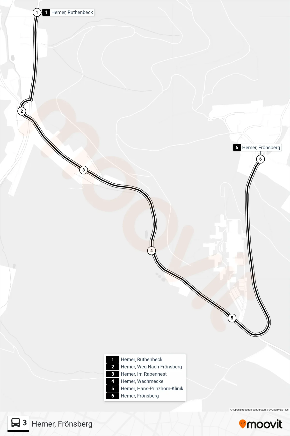 3 bus Line (Hemer, Frönsberg) route and stops on a map