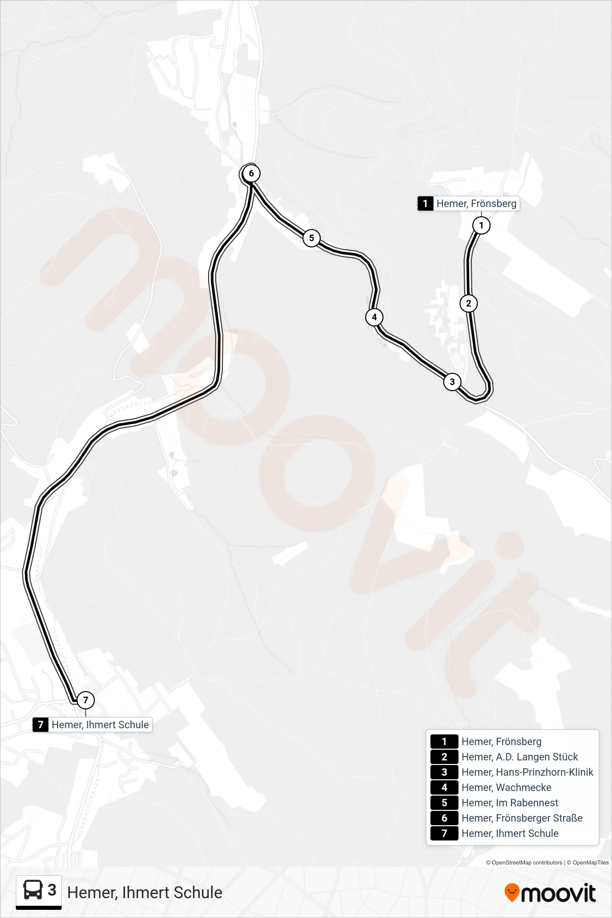 3 bus Line (Hemer, Ihmert Schule) route and stops on a map