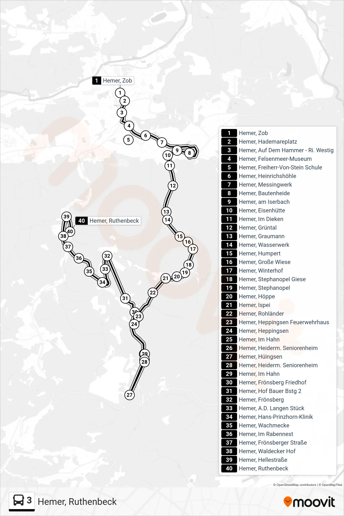 3 bus Line (Hemer, Ruthenbeck) route and stops on a map