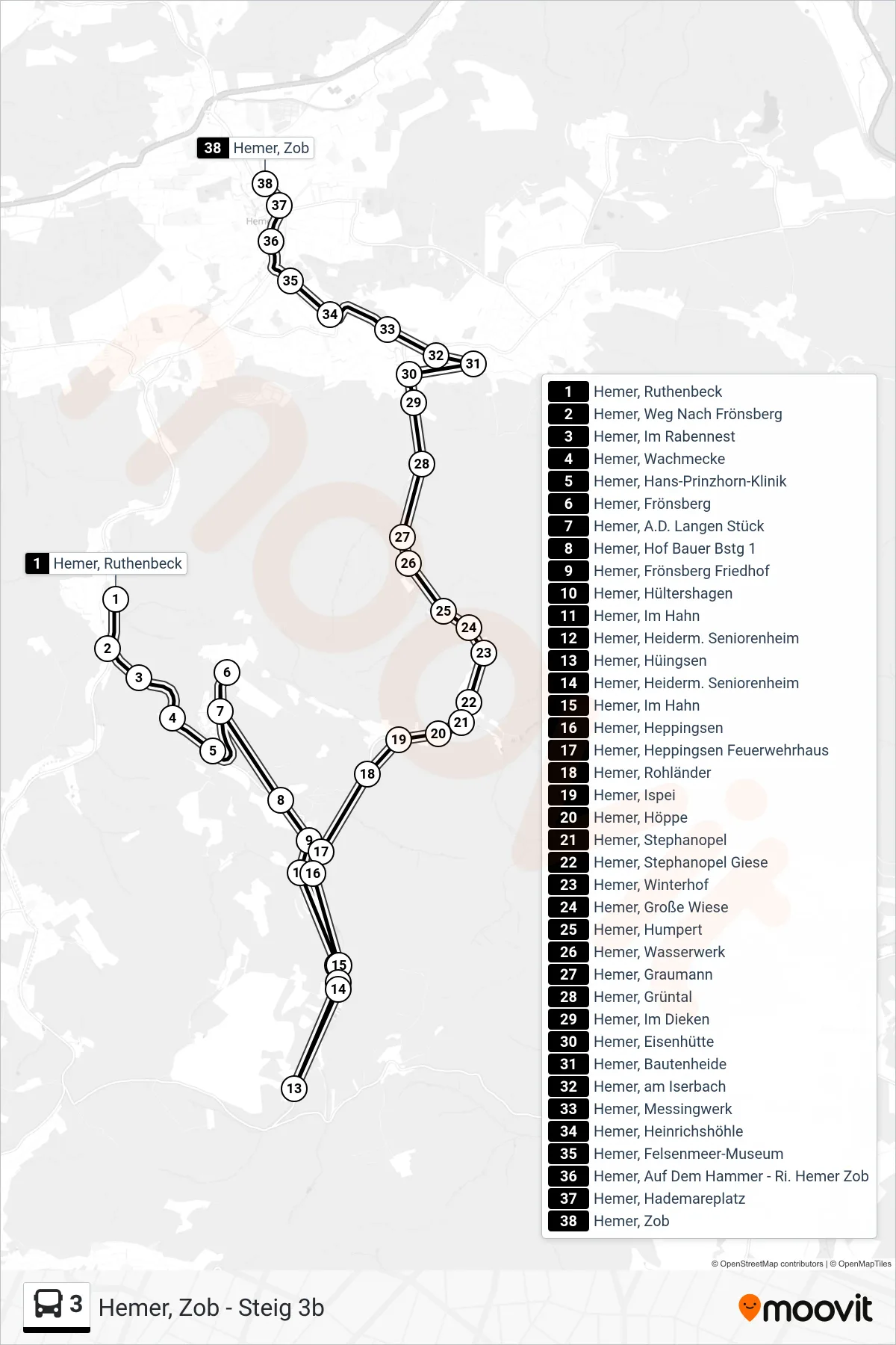 Linie 3 (Bus) Richtung Hemer, Zob - Steig 3b: Route und Haltestellen auf der Karte