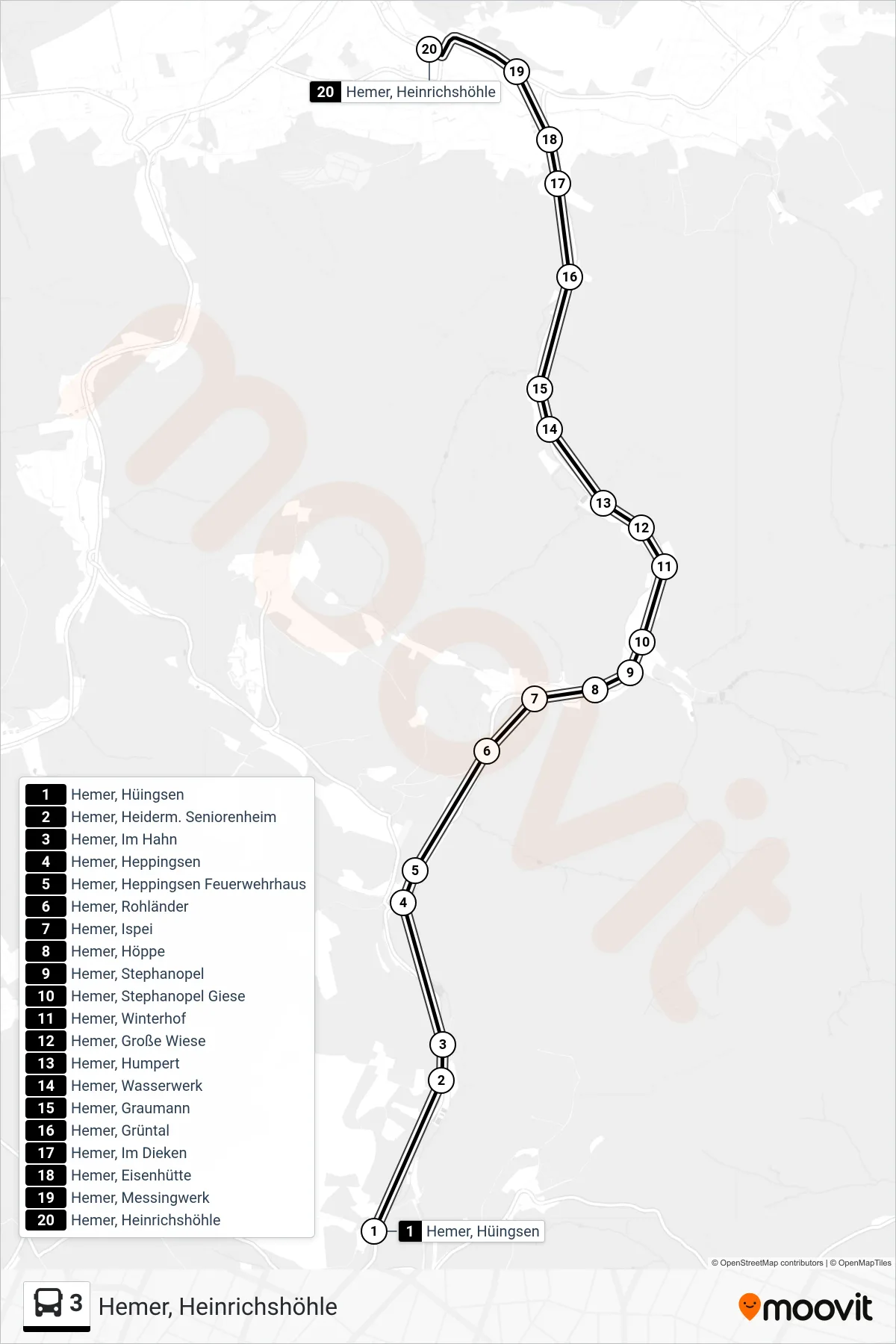 Linie 3 (Bus) Richtung Hemer, Heinrichshöhle: Route und Haltestellen auf der Karte