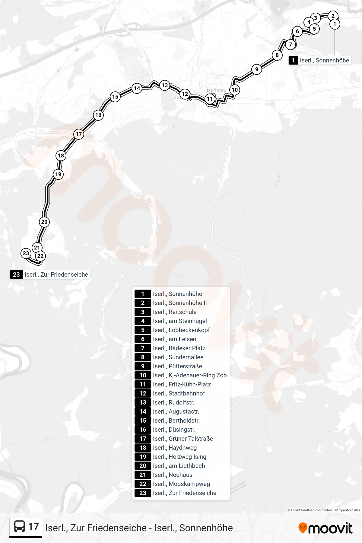 17 bus Line (Iserl., Zur Friedenseiche) route and stops on a map
