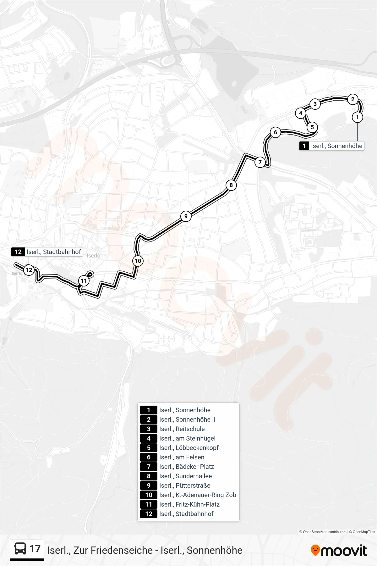 17 bus Line (Iserl., Stadtbahnhof - Steig 1e) route and stops on a map