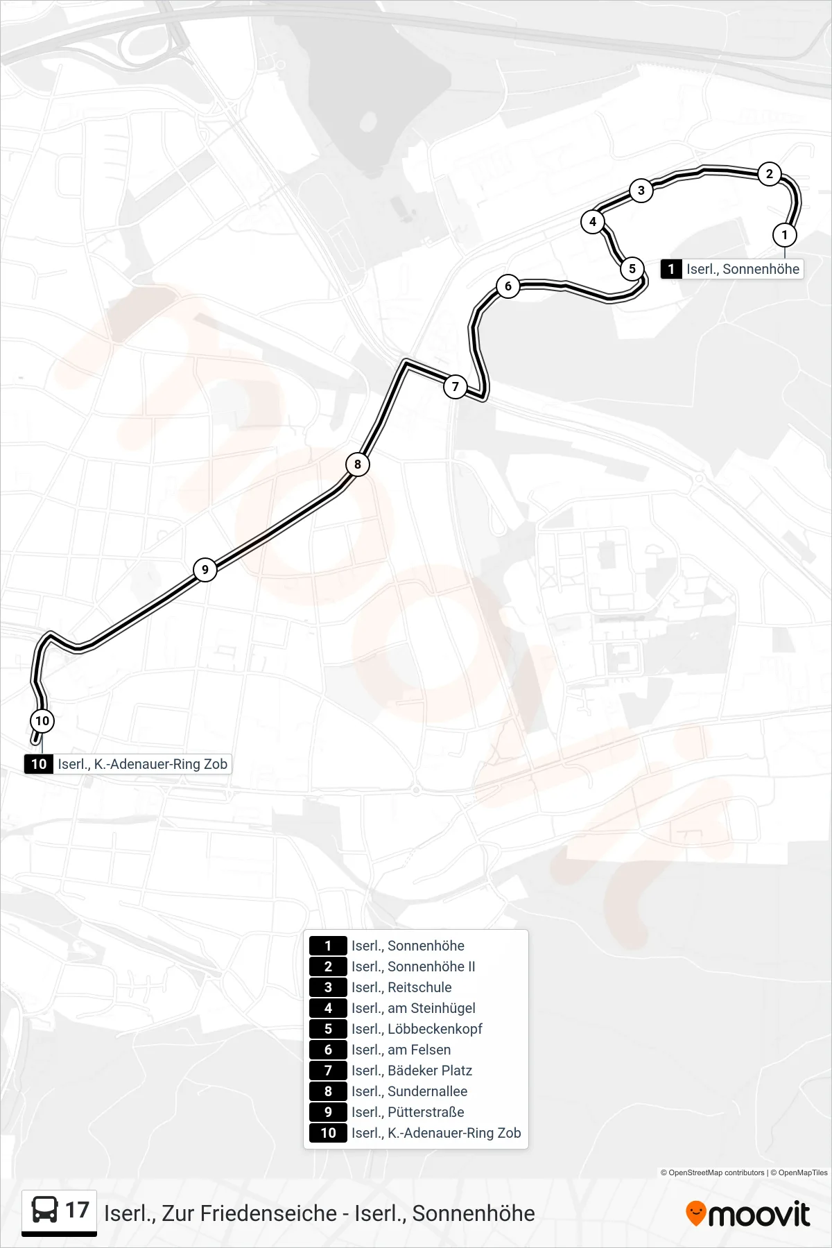 Linie 17 (Bus) Richtung Iserl., K.-Adenauer-Ring Zob 1c - Ri. Bahnhof: Route und Haltestellen auf der Karte