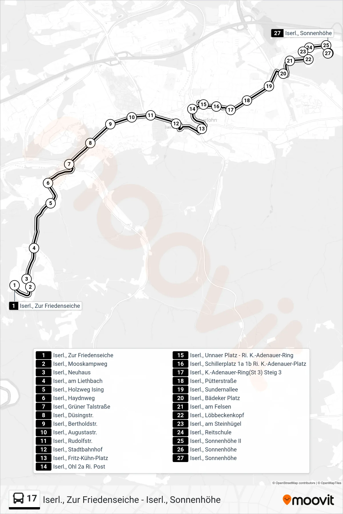 Linie 17 (Bus) Richtung Iserl., Sonnenhöhe: Route und Haltestellen auf der Karte