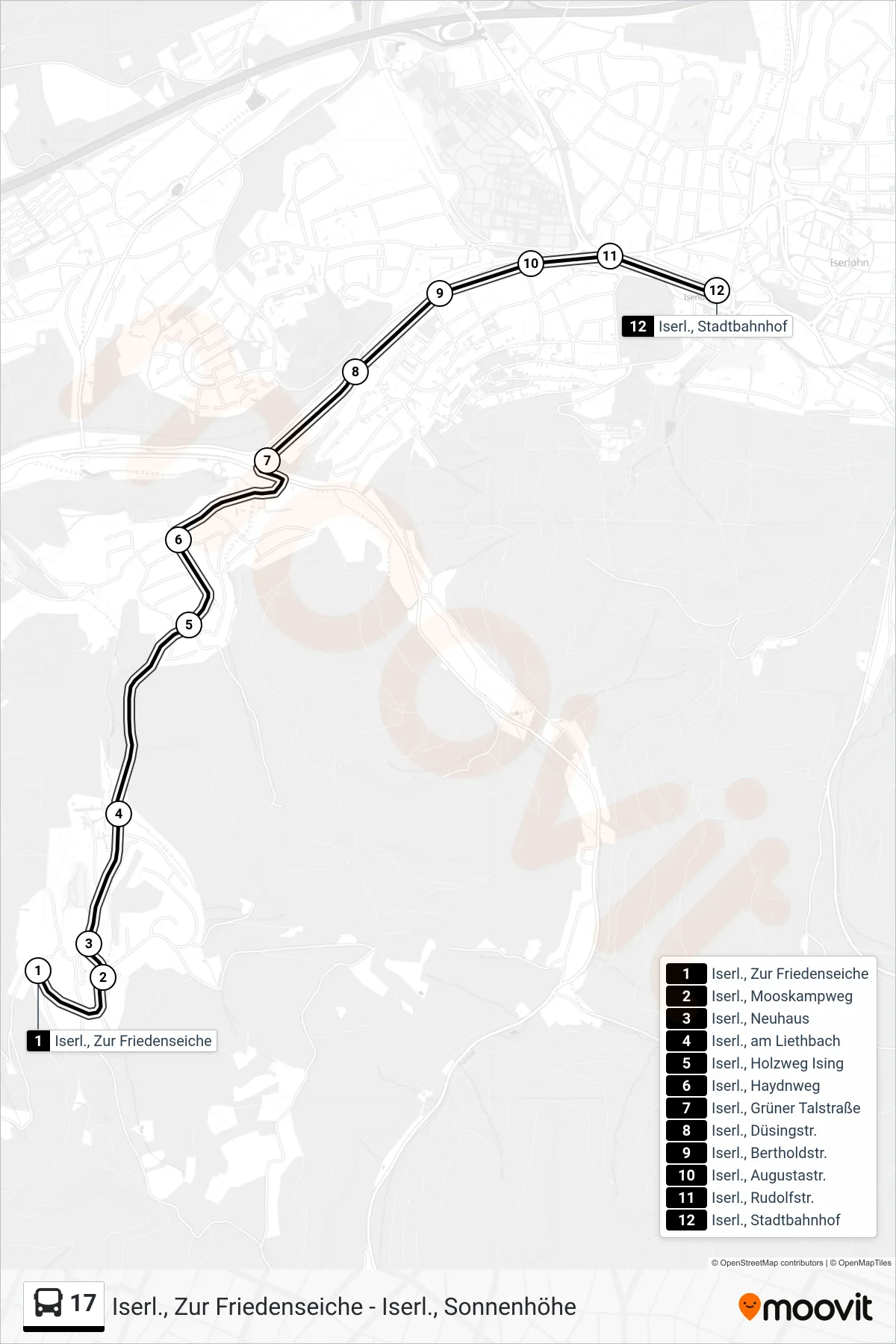 Linie 17 (Bus) Richtung Iserl., Stadtbahnhof - Steig 1a: Route und Haltestellen auf der Karte