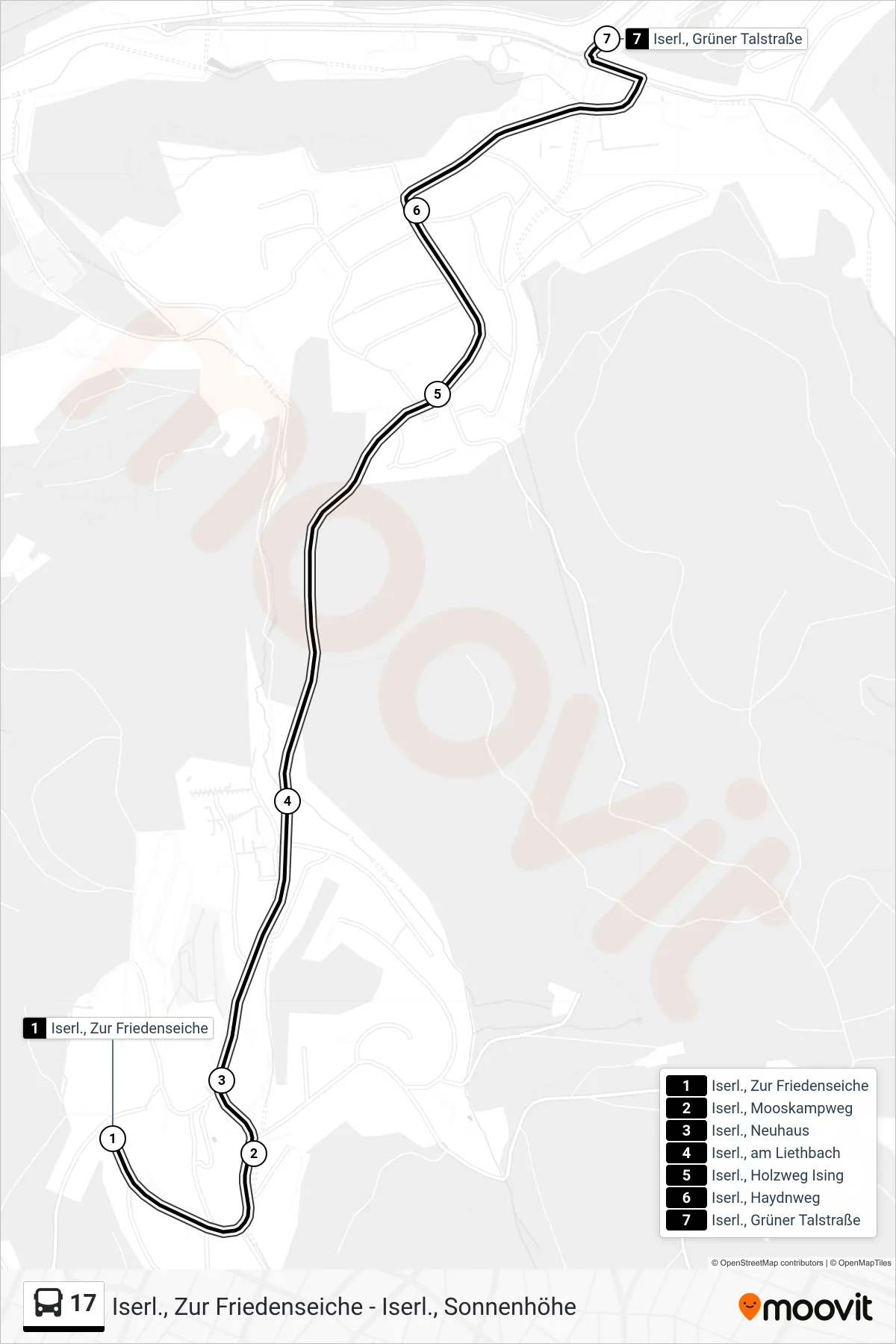 17 bus Line (Iserl., Grüner Talstraße) route and stops on a map