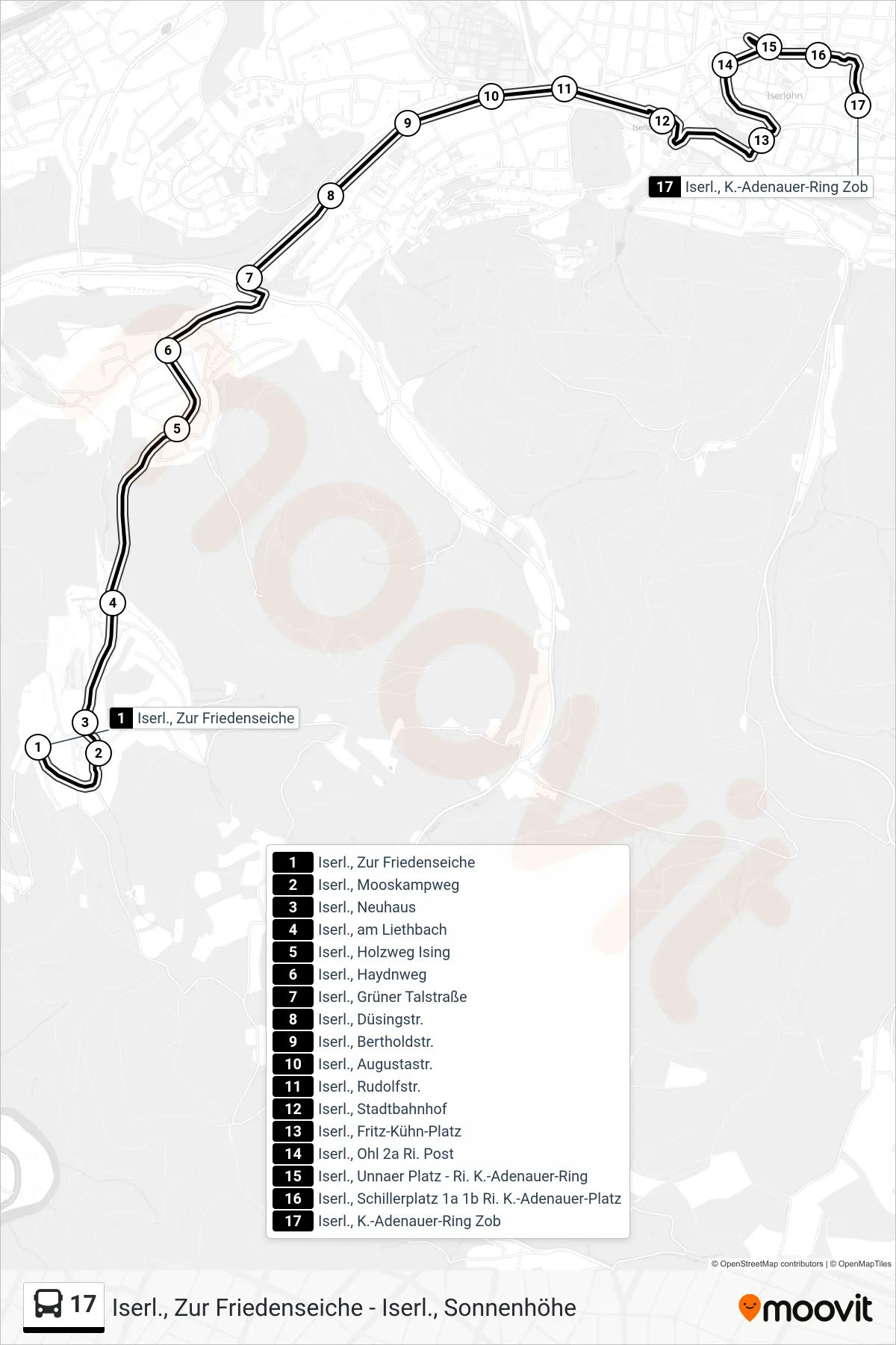 Linie 17 (Bus) Richtung Iserl., K.-Adenauer-Ring Zob 1b- Ausstieg (Innenstadtseite Mitte): Route und Haltestellen auf der Karte
