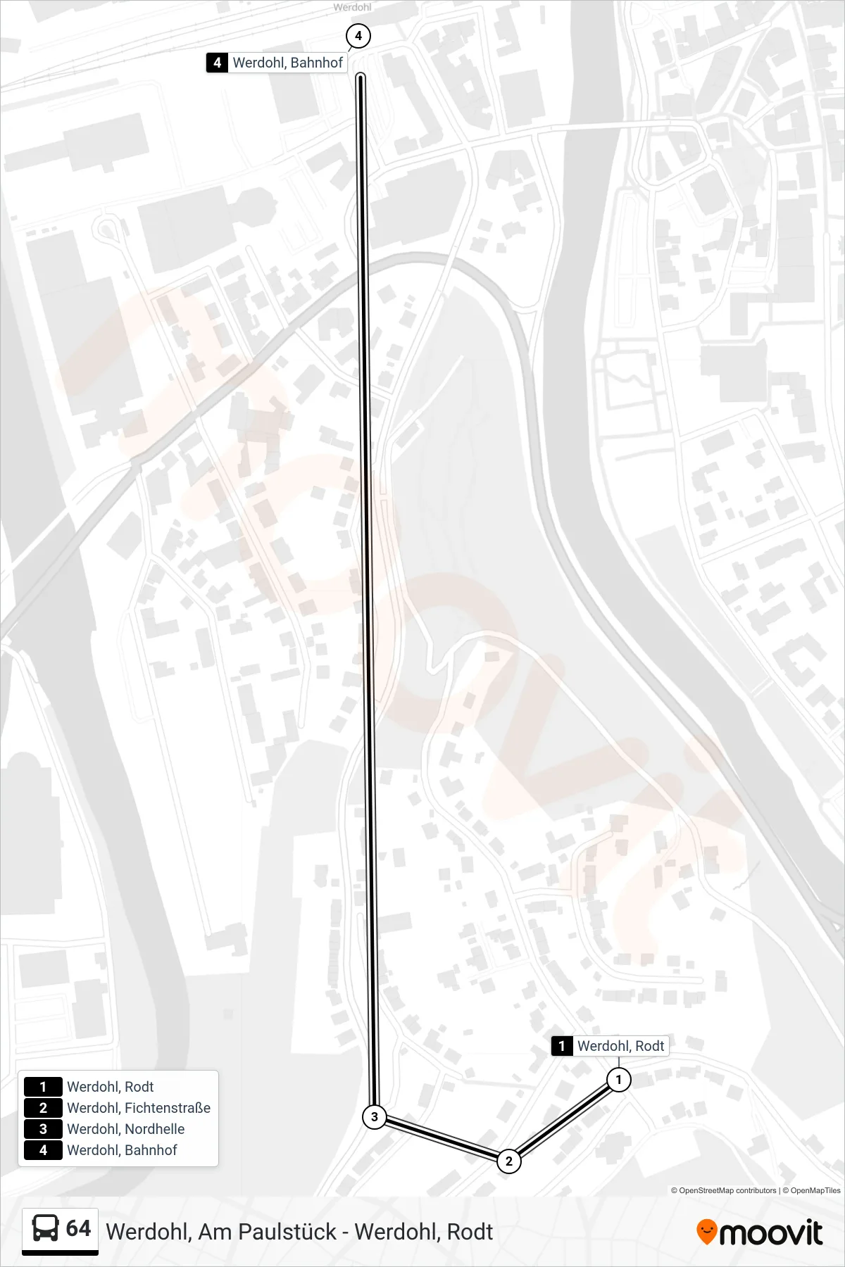 Linie 64 (Bus) Richtung Werdohl, Bahnhof - Steig 1: Route und Haltestellen auf der Karte