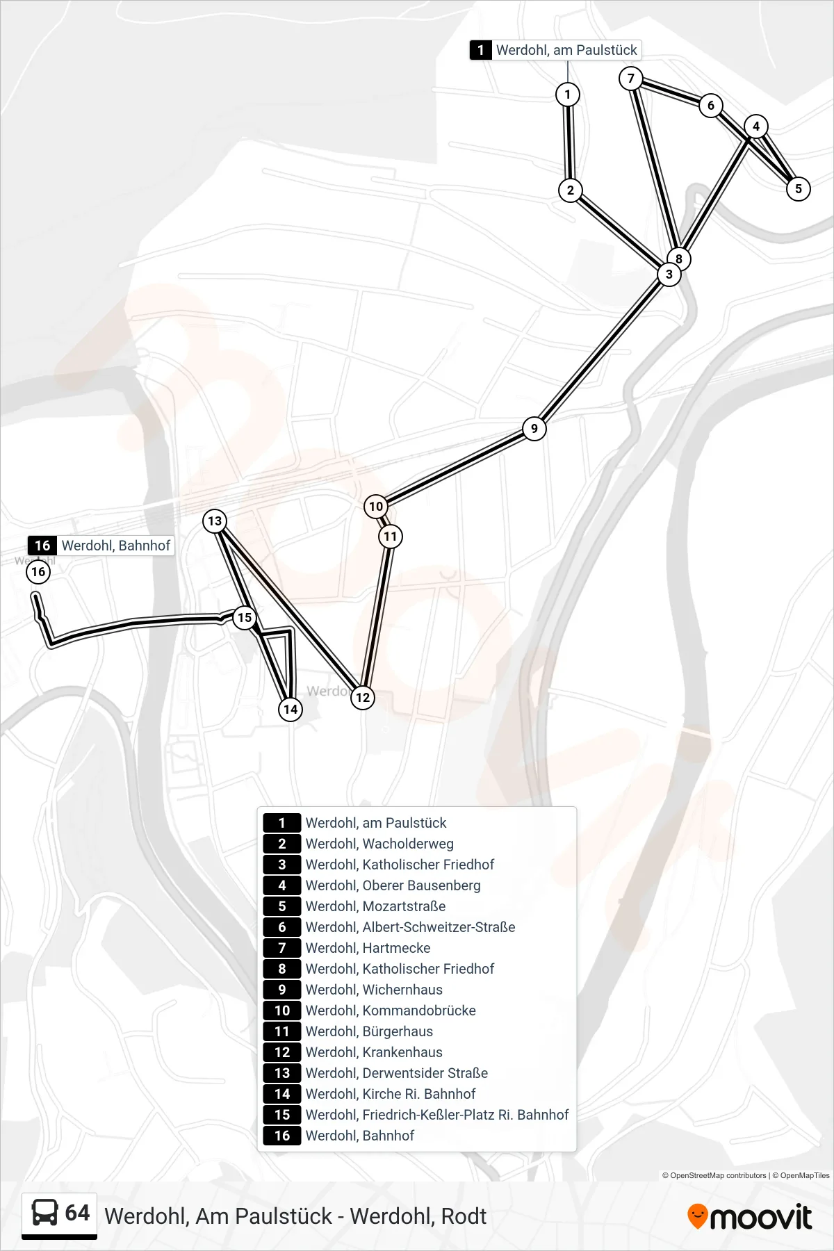 Linie 64 (Bus) Richtung Werdohl, Bahnhof - Steig 4: Route und Haltestellen auf der Karte