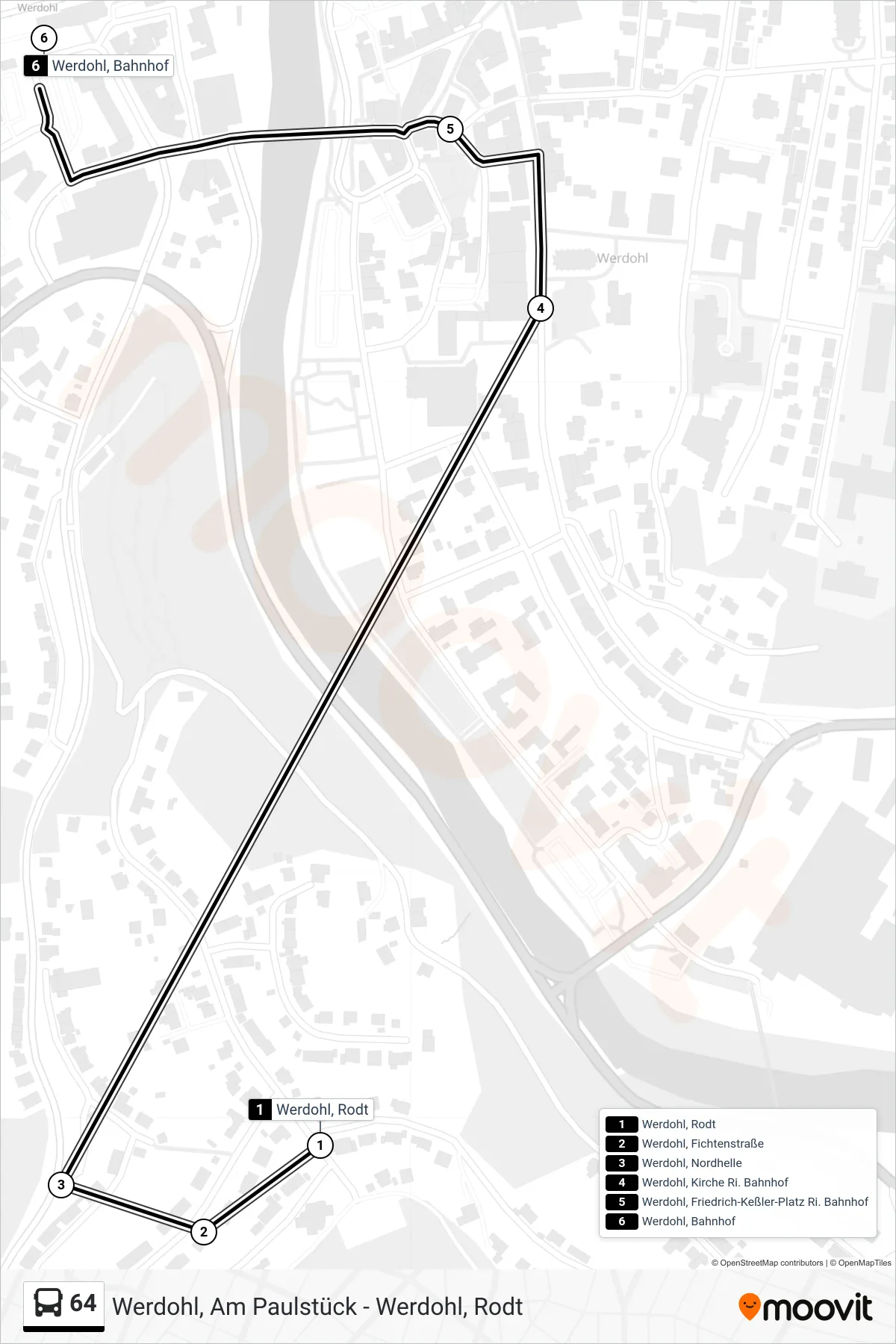 Linie 64 (Bus) Richtung Werdohl, Bahnhof - Steig 3: Route und Haltestellen auf der Karte