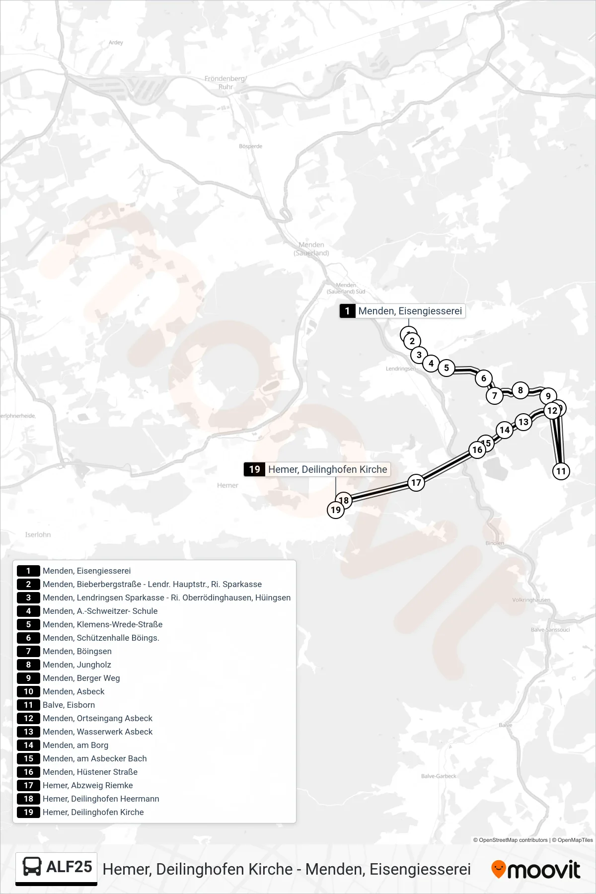 ALF25 bus Line (Hemer, Deilinghofen Kirche) route and stops on a map