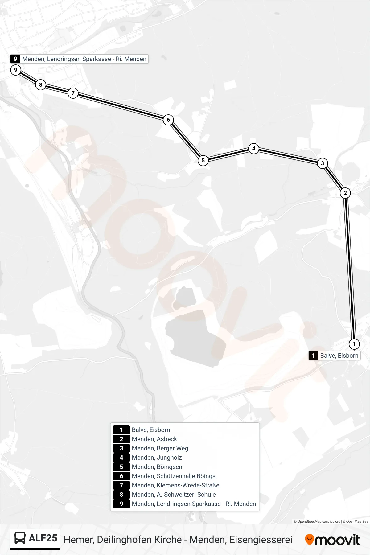 Linie ALF25 (Bus) Richtung Menden, Lendringsen Sparkasse - Ri. Menden: Route und Haltestellen auf der Karte