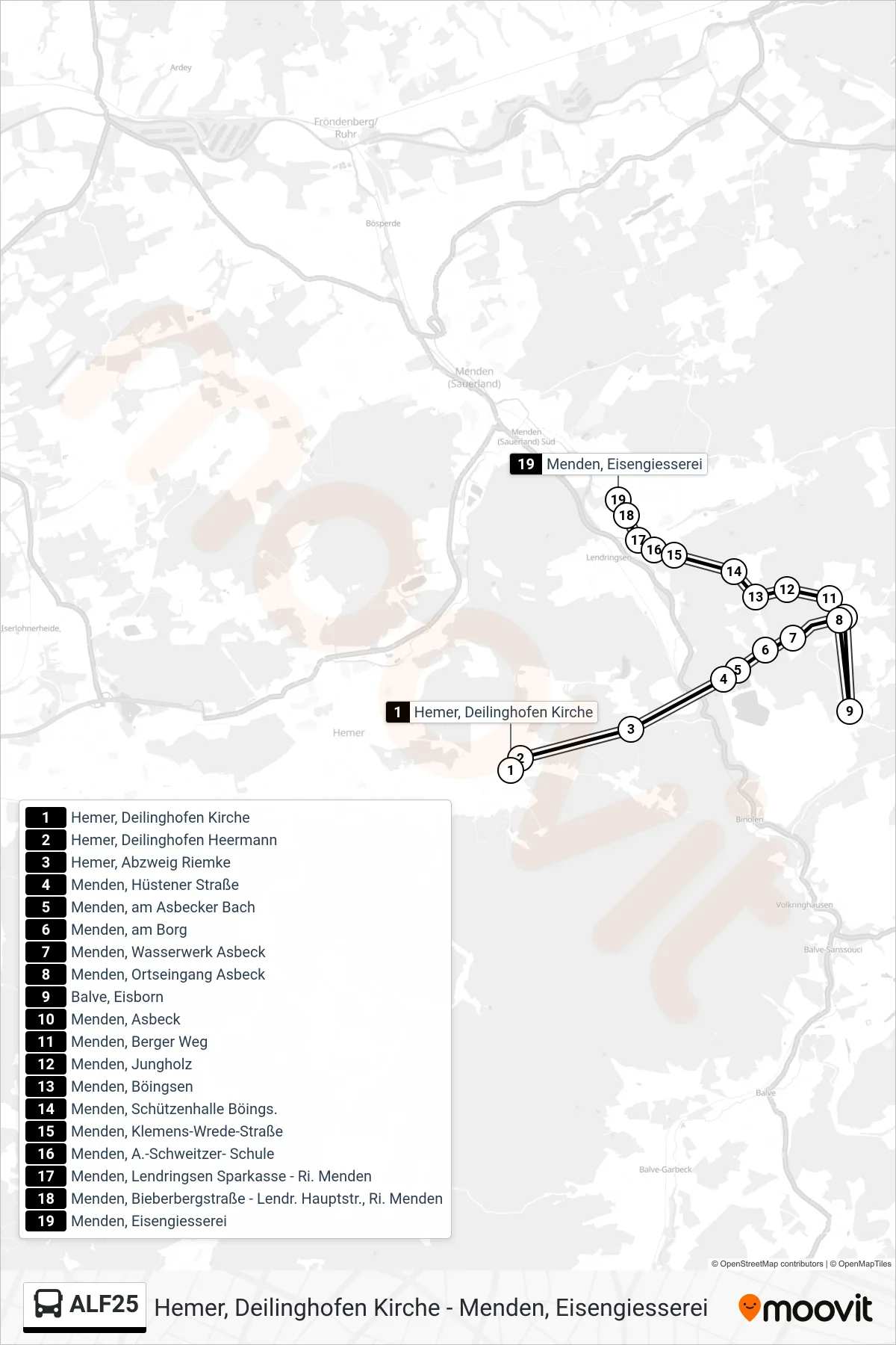 ALF25 bus Line (Menden, Eisengiesserei) route and stops on a map