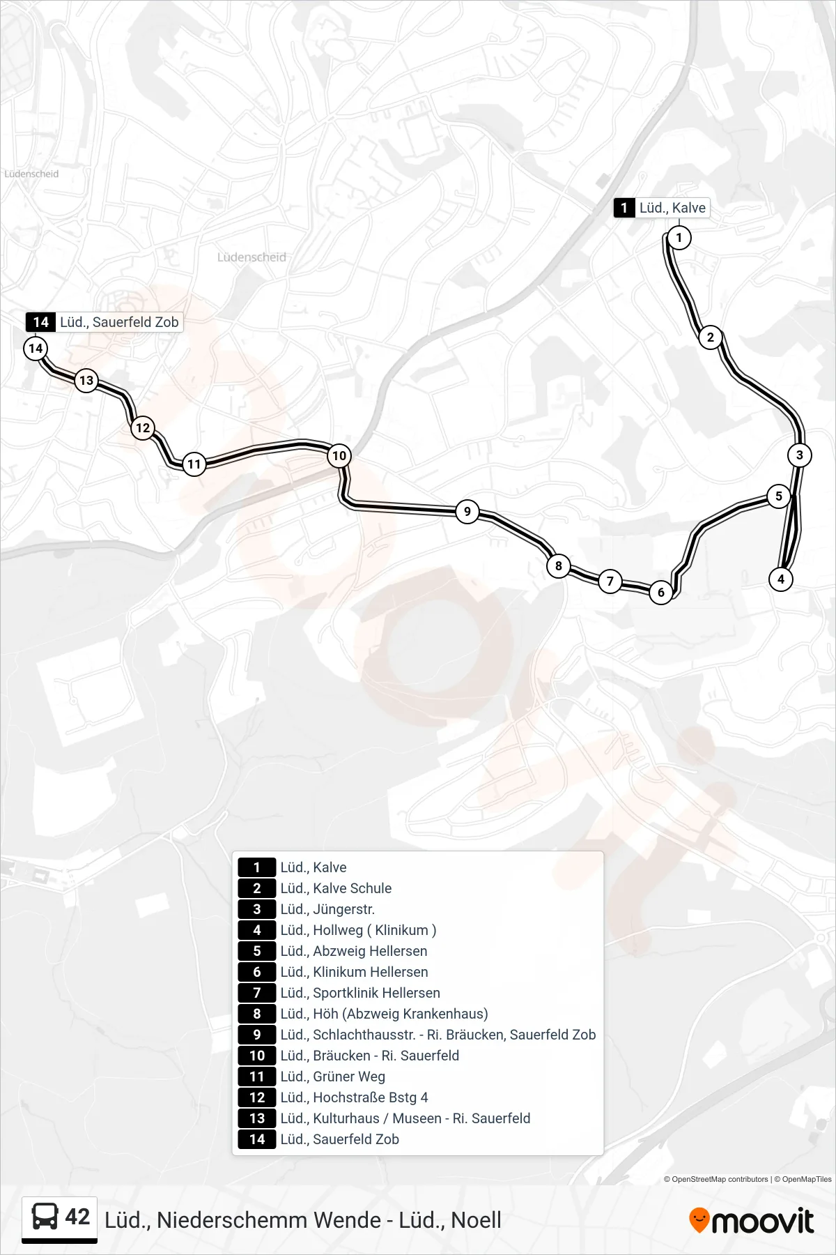 42 bus Line (Lüd., Sauerfeld Zob - Steig 1a) route and stops on a map