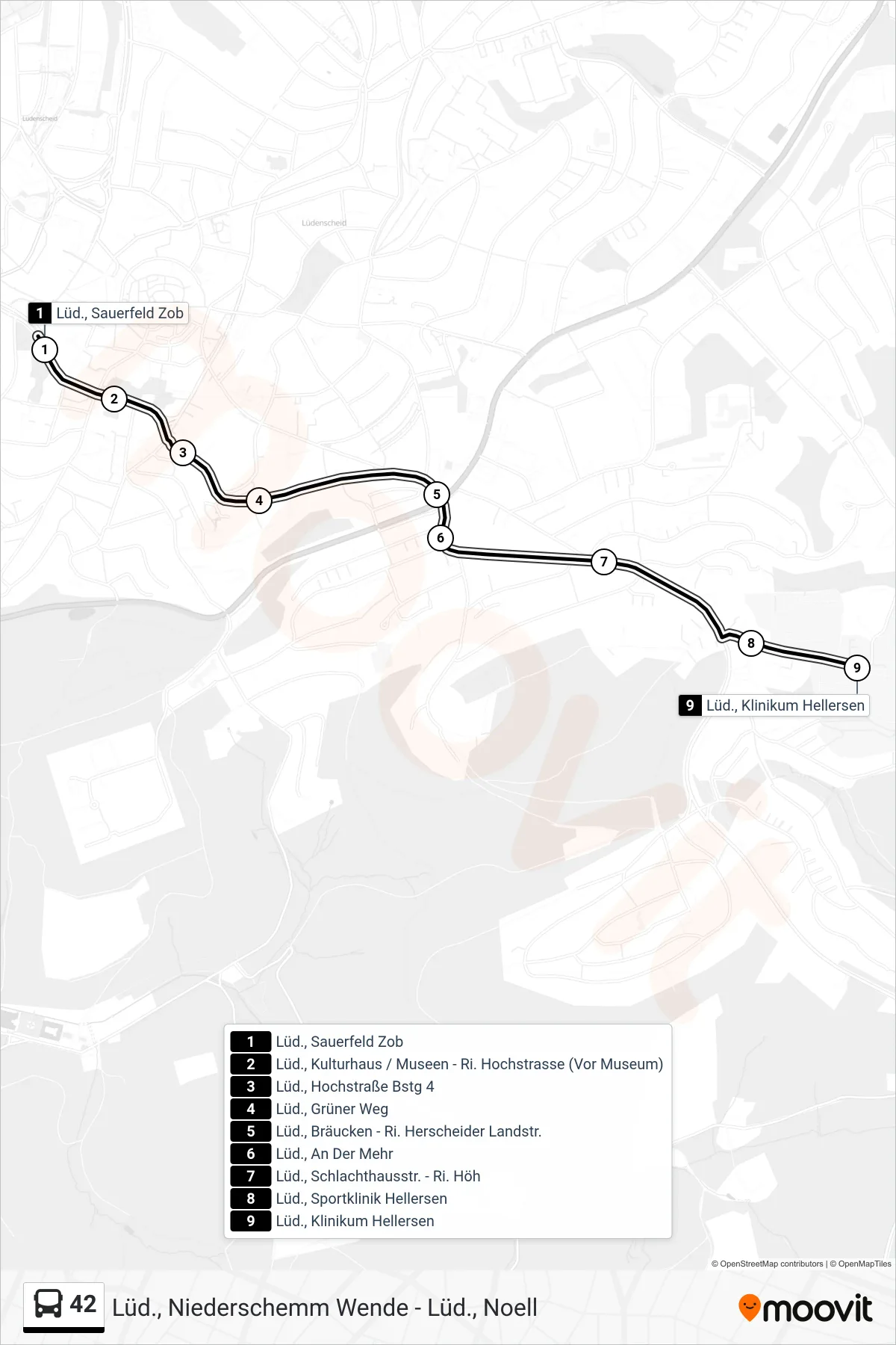 42 bus Line (Lüd., Klinikum Hellersen) route and stops on a map