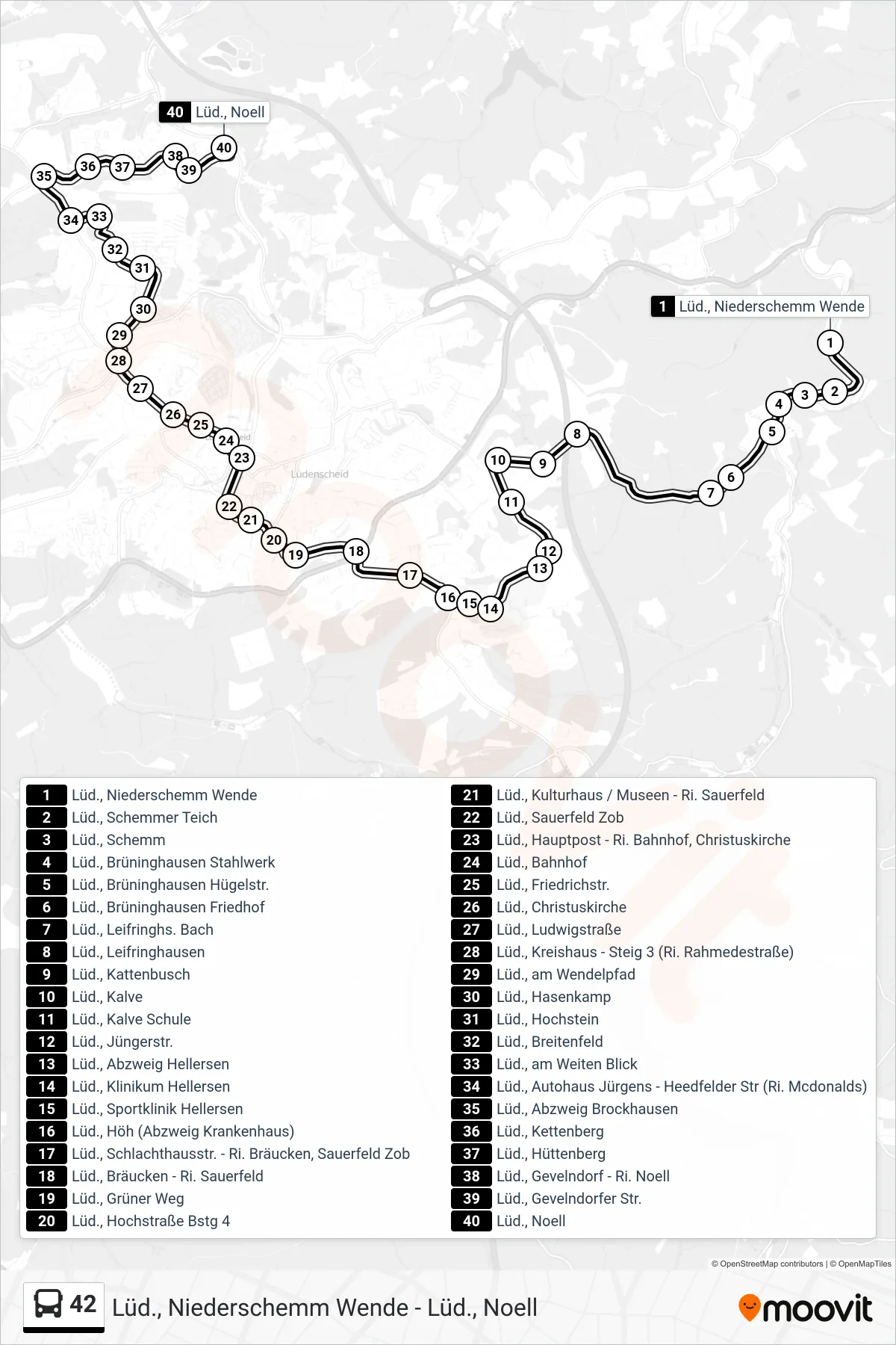 42 bus Line (Lüd., Noell) route and stops on a map