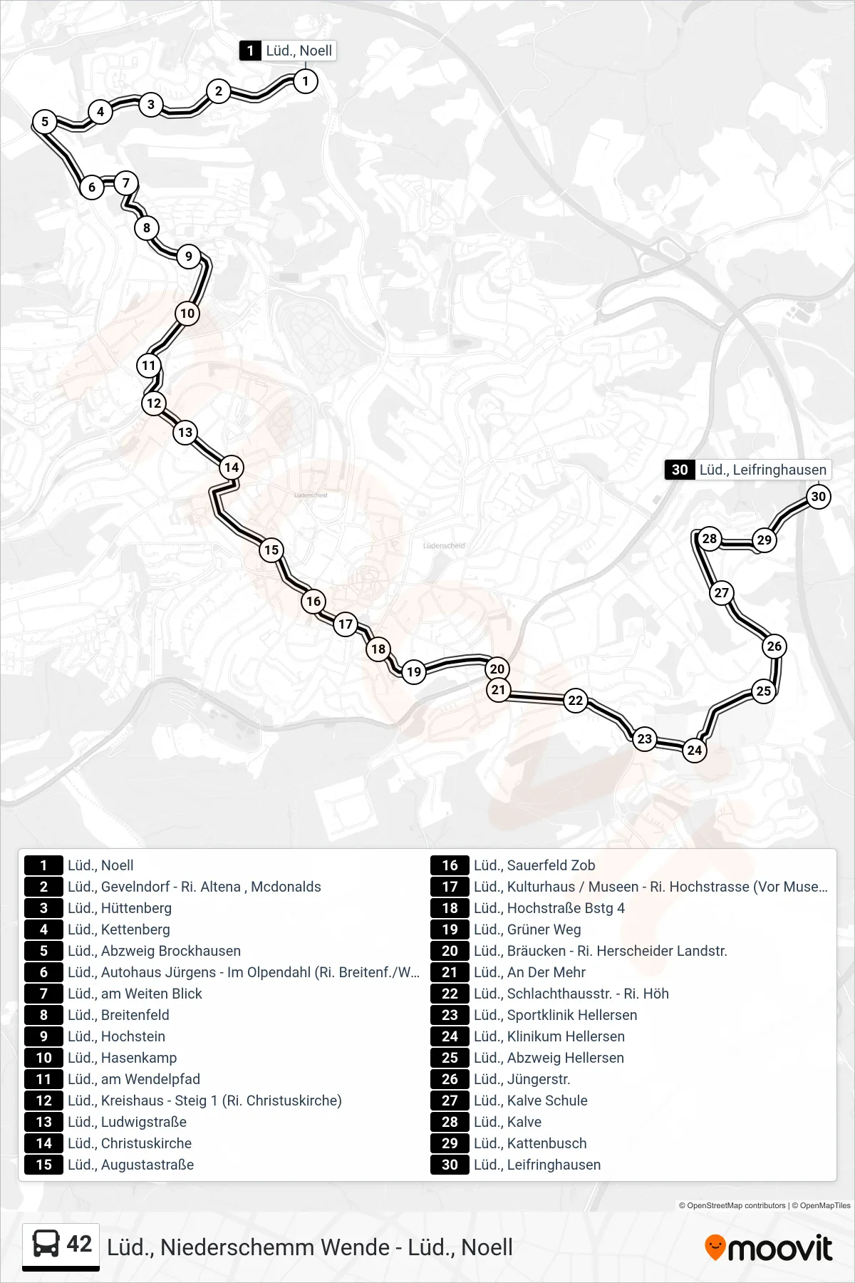 42 bus Line (Lüd., Leifringhausen) route and stops on a map