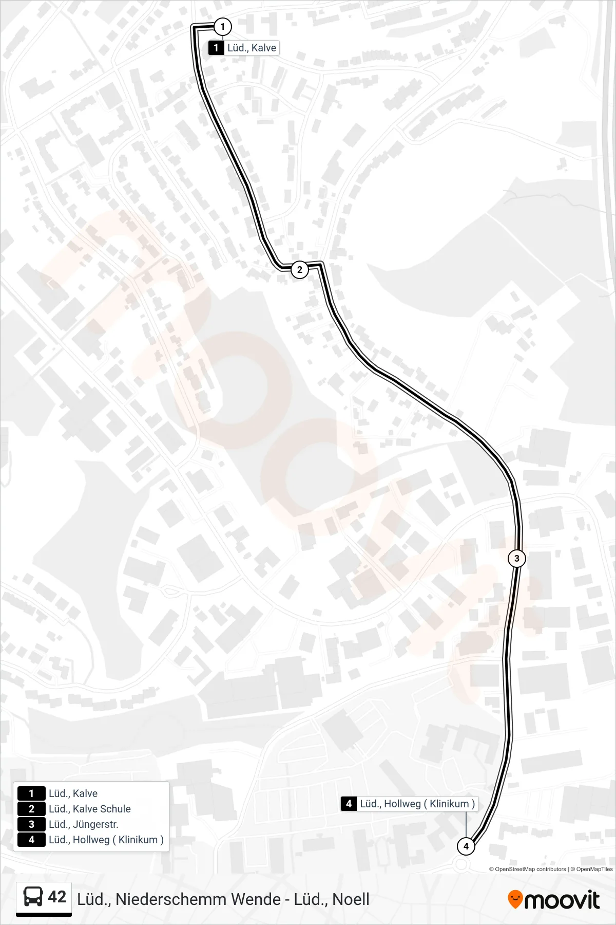 Linie 42 (Bus) Richtung Lüd., Hollweg ( Klinikum ): Route und Haltestellen auf der Karte