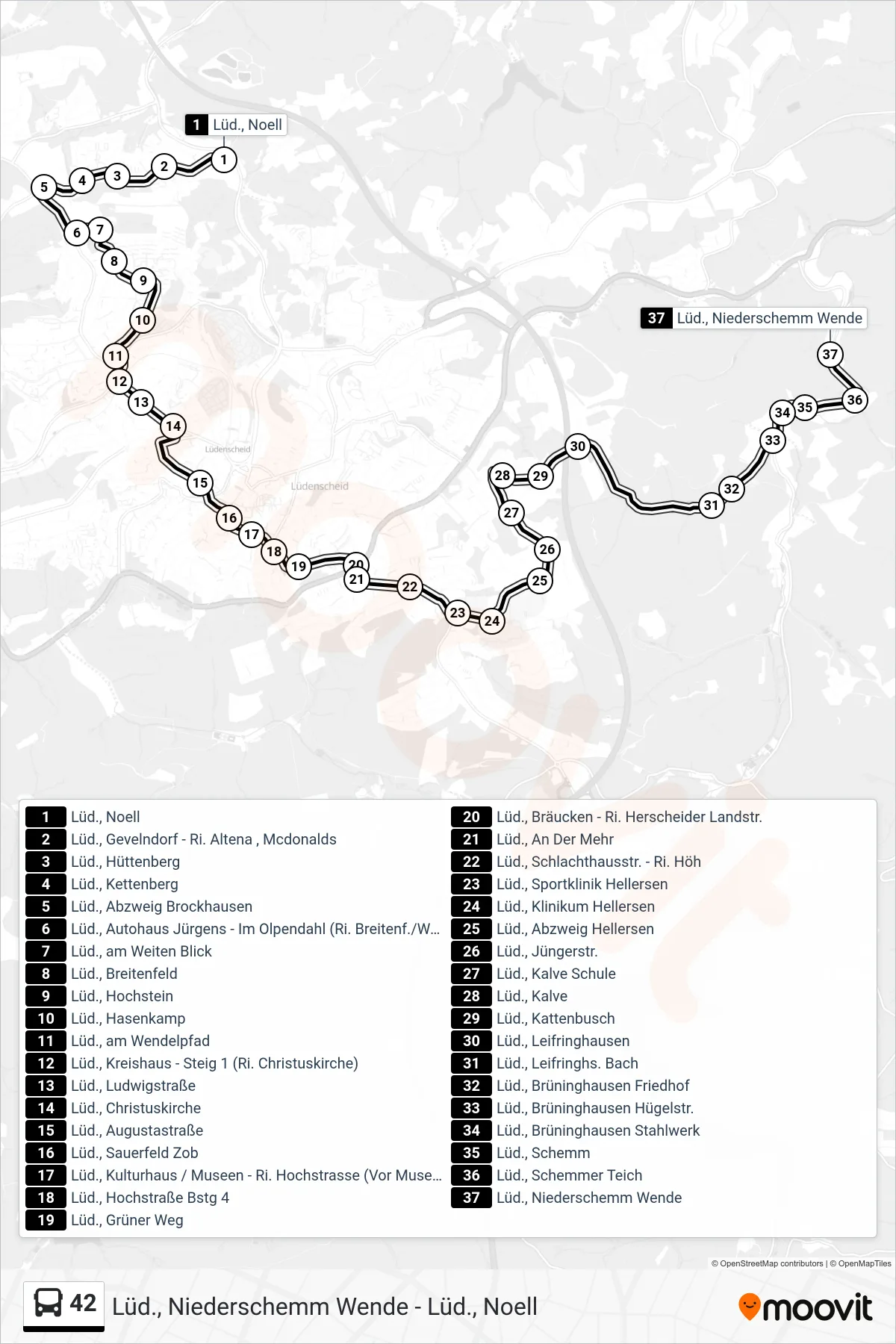42 bus Line (Lüd., Niederschemm Wende) route and stops on a map