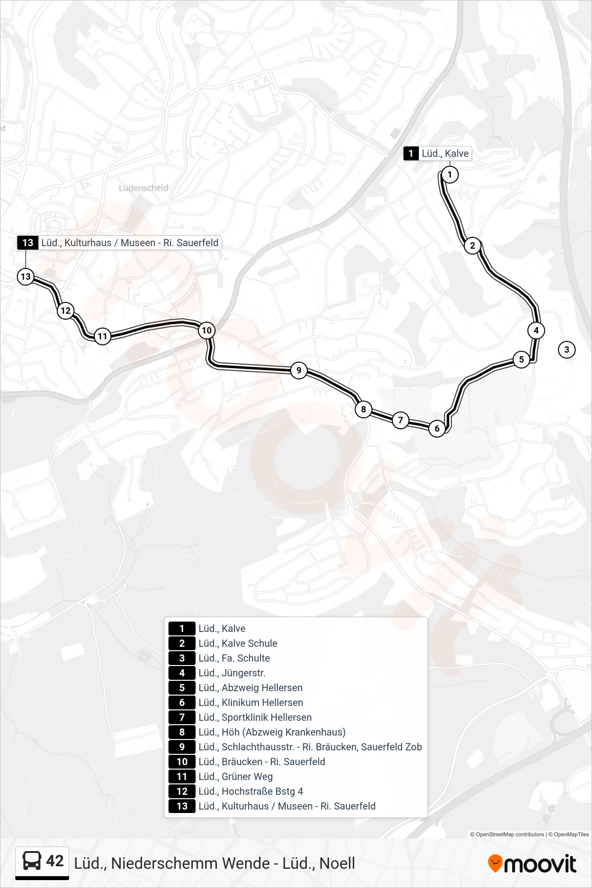 42 bus Line (Lüd., Kulturhaus / Museen - Ri. Sauerfeld) route and stops on a map