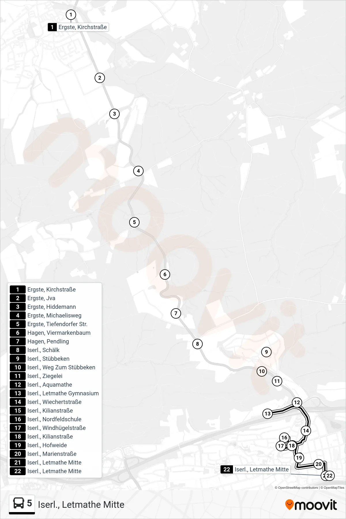 5 bus Line (Iserl., Letmathe Mitte) route and stops on a map