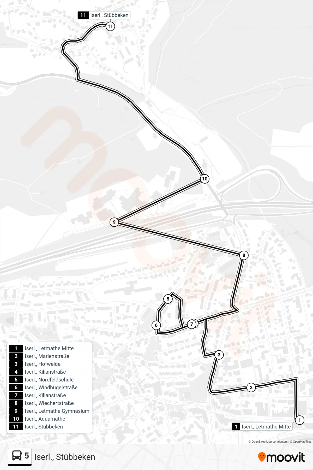 5 bus Line (Iserl., Stübbeken) route and stops on a map