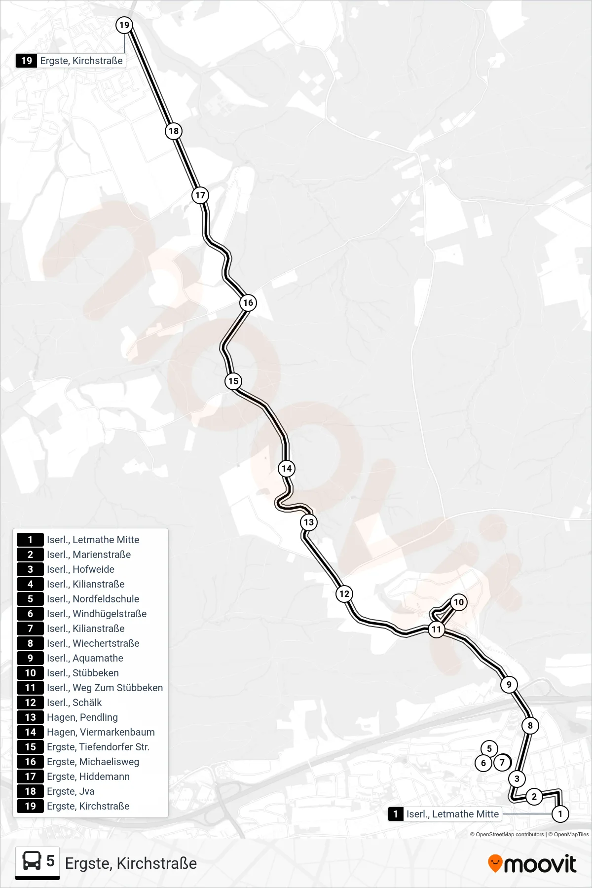 5 bus Line (Ergste, Kirchstraße) route and stops on a map