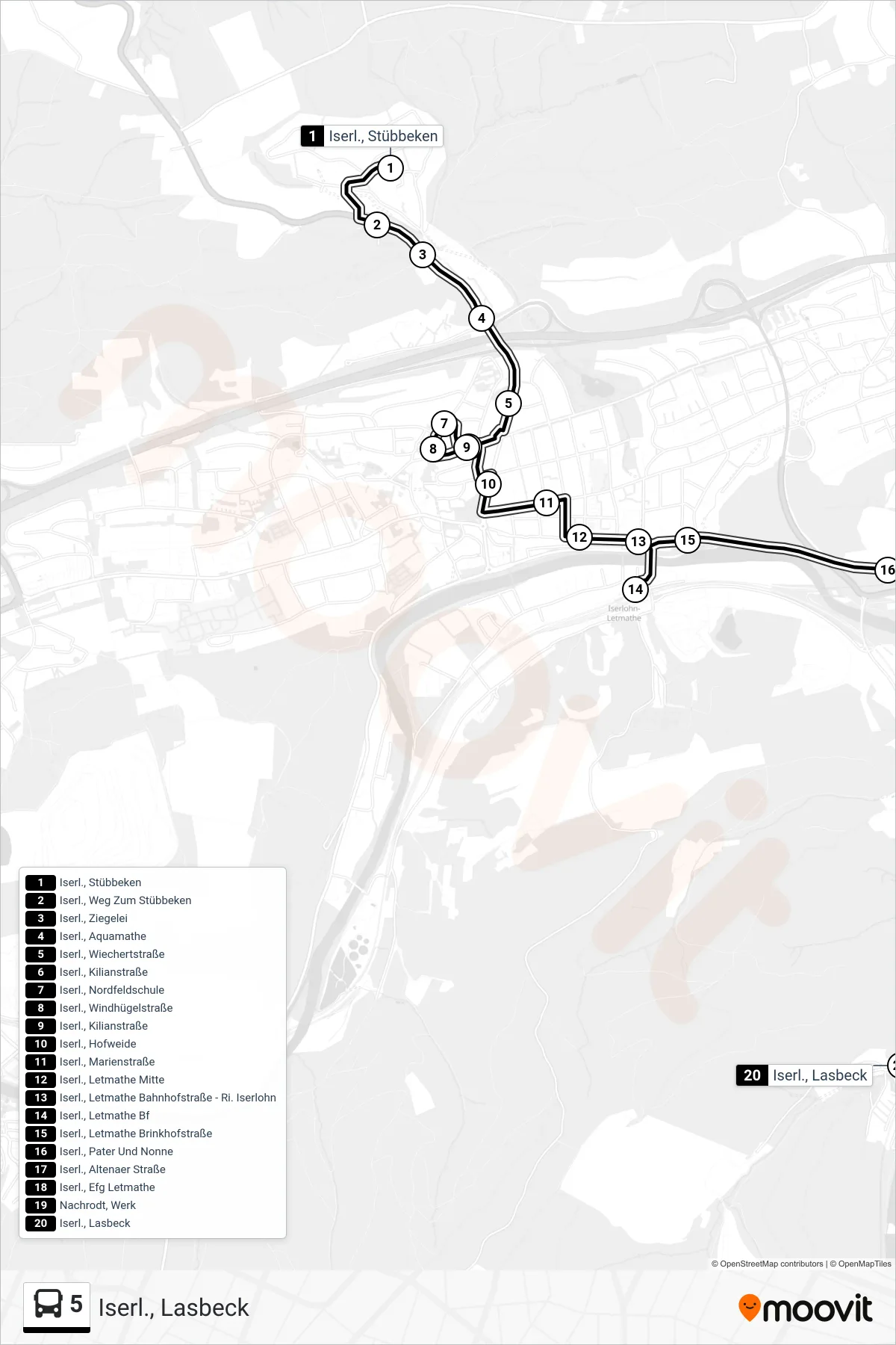 5 bus Line (Iserl., Lasbeck) route and stops on a map